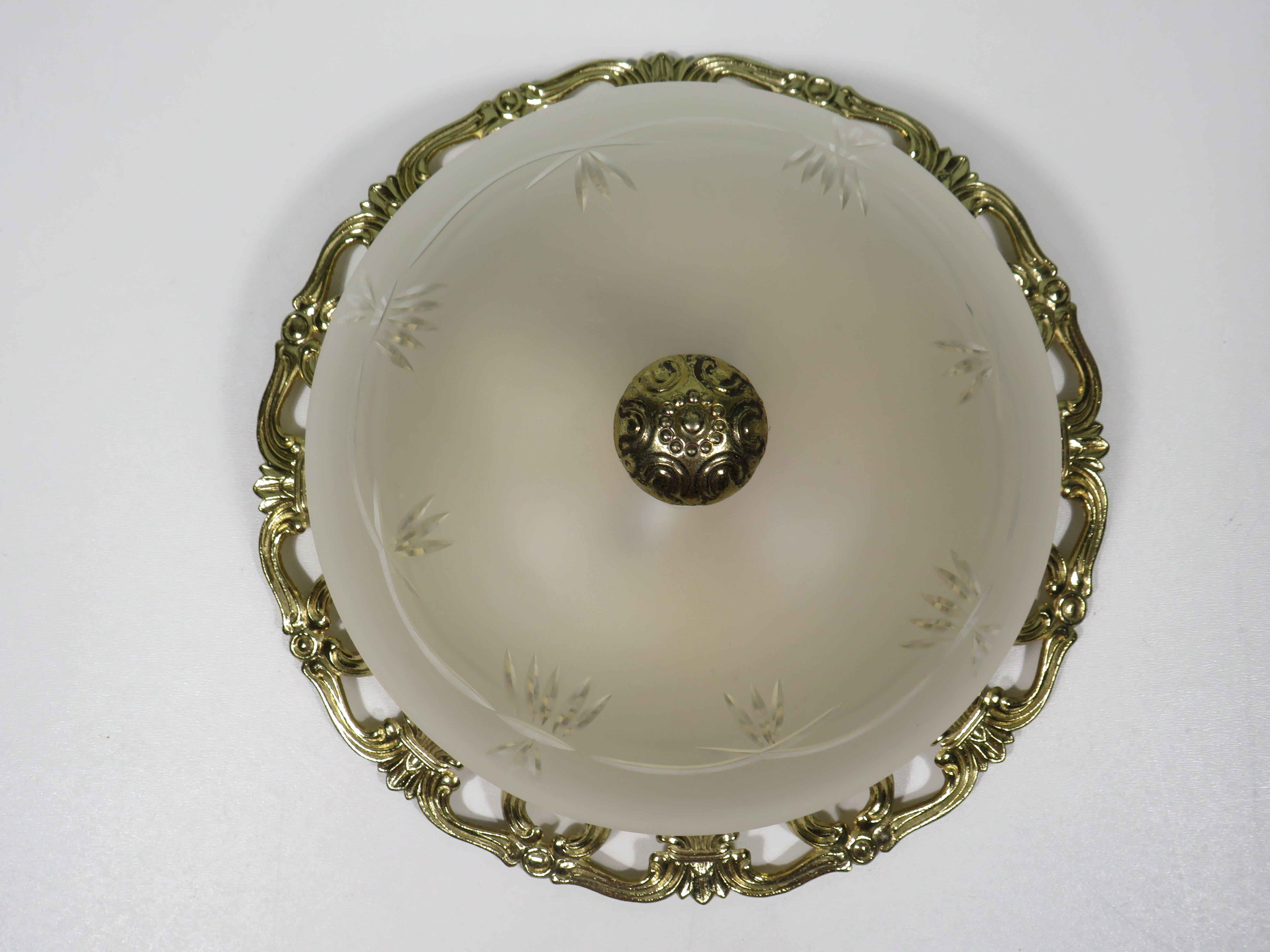 Hollywood Regency Refined Vintage Ceiling Lamp  White Matte Glass with Cut Motif, 1960-1970 For Sale