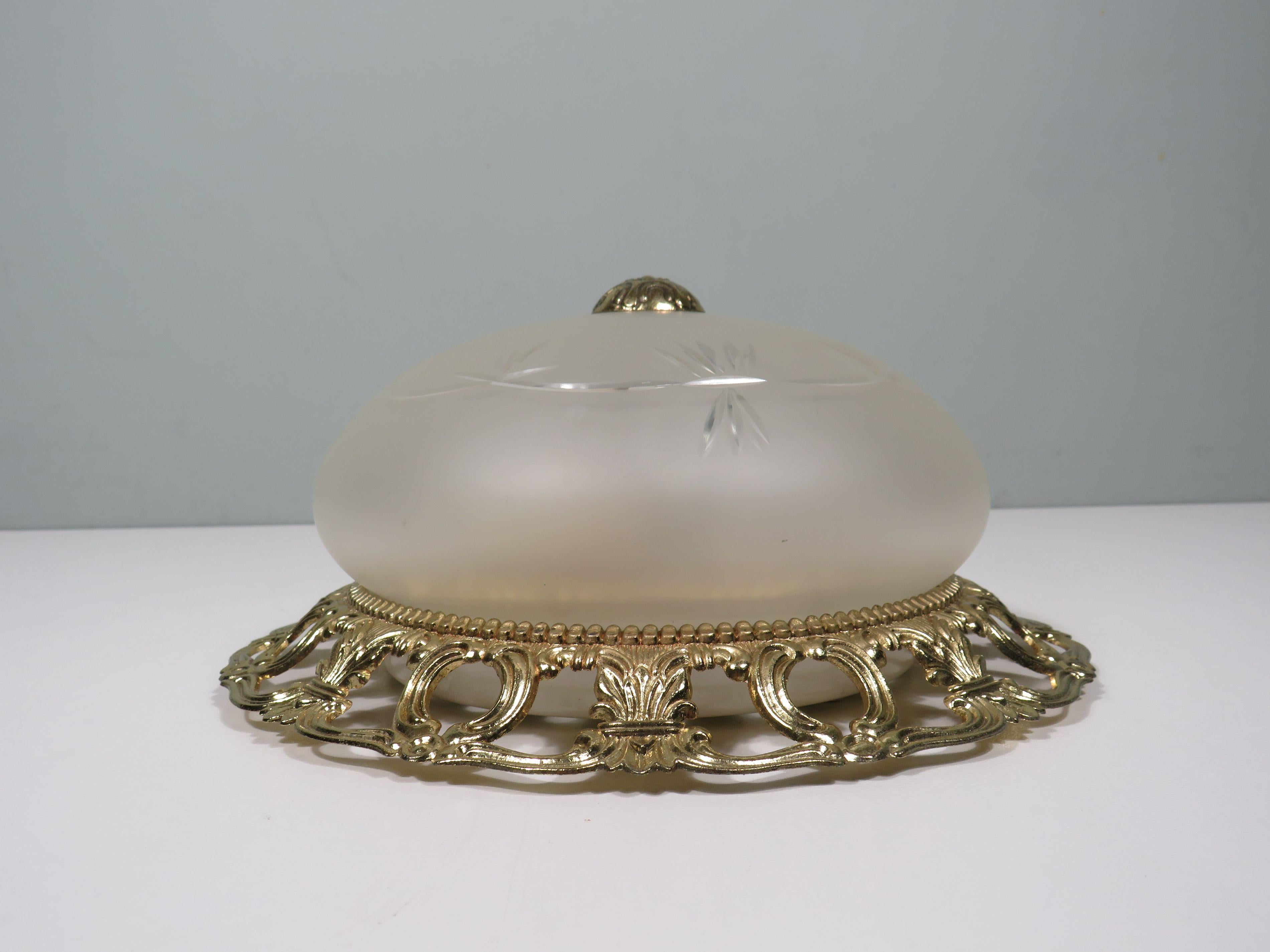 Belgian Refined Vintage Ceiling Lamp  White Matte Glass with Cut Motif, 1960-1970 For Sale