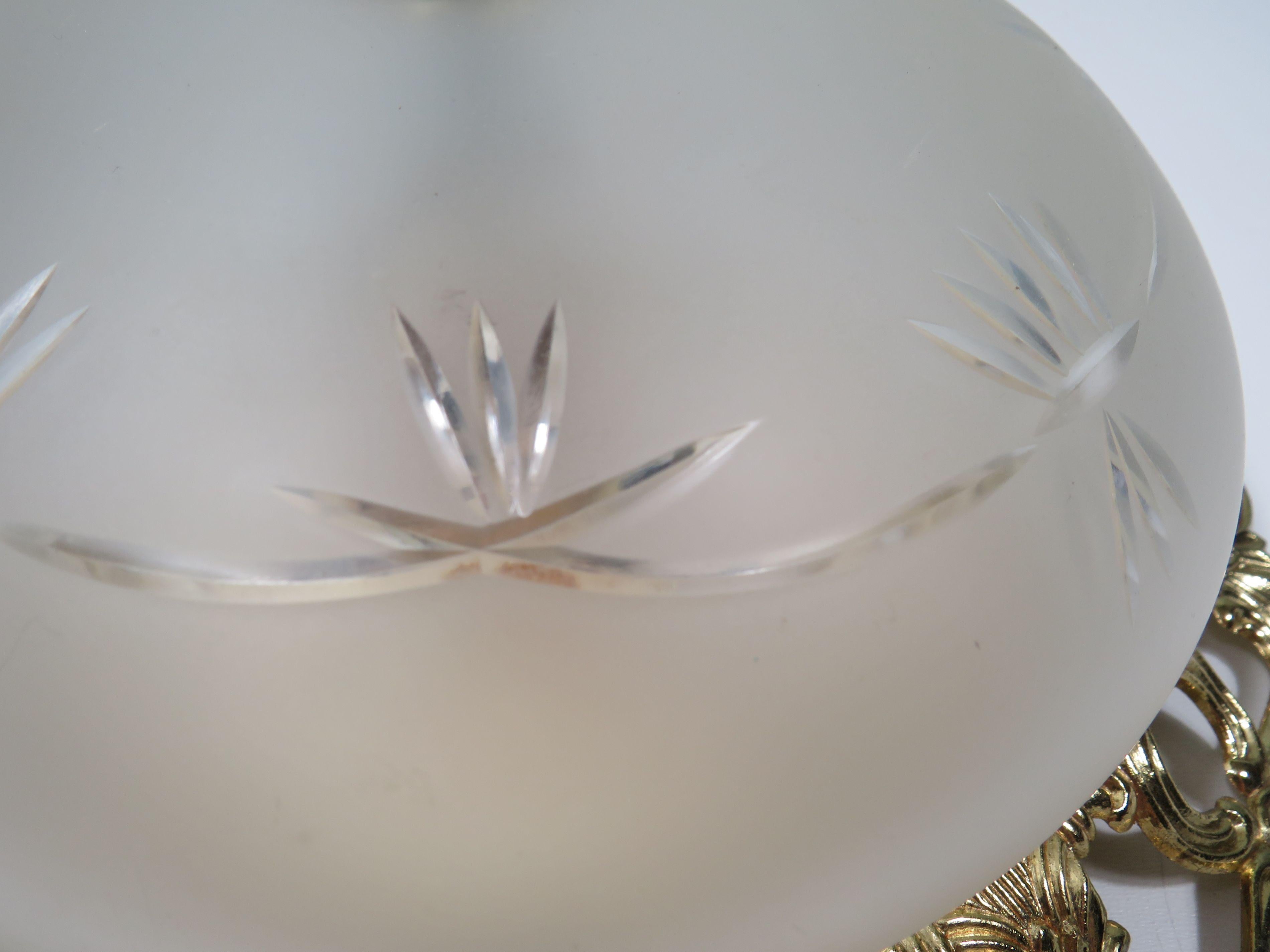 Brass Refined Vintage Ceiling Lamp  White Matte Glass with Cut Motif, 1960-1970 For Sale