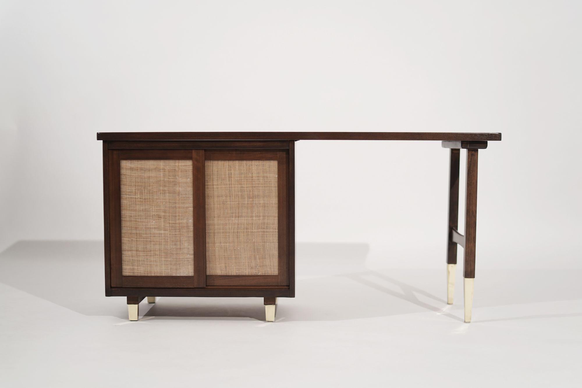 20th Century Refined Walnut Desk with Brass Accents, Italy, circa 1950s