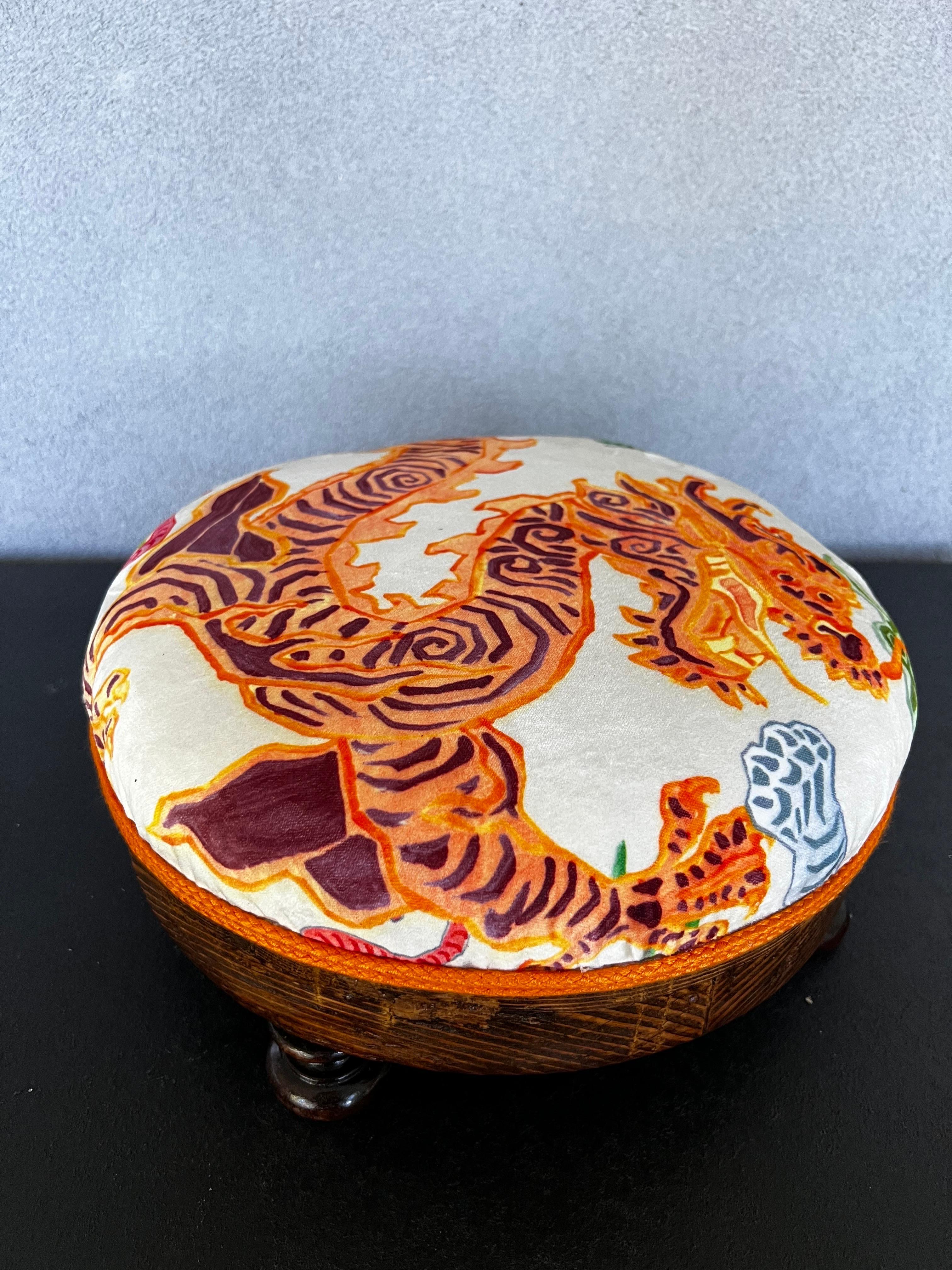 Refinished Antique Small Round Footstool with Asian Velvet Dragon   3