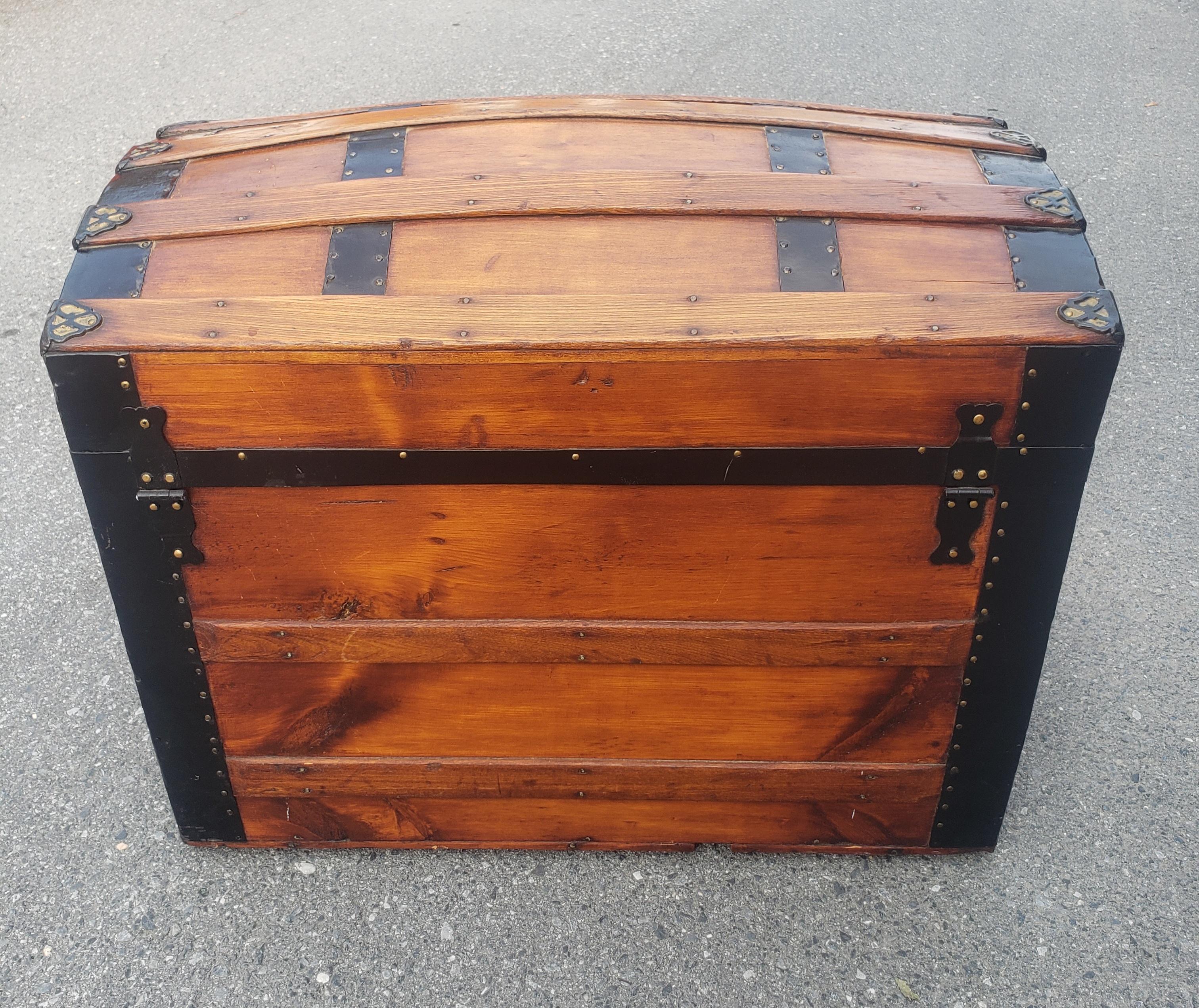 Refinished Early American Steamers Dome Top Pine and iron Blanket Chest Trunk For Sale 1