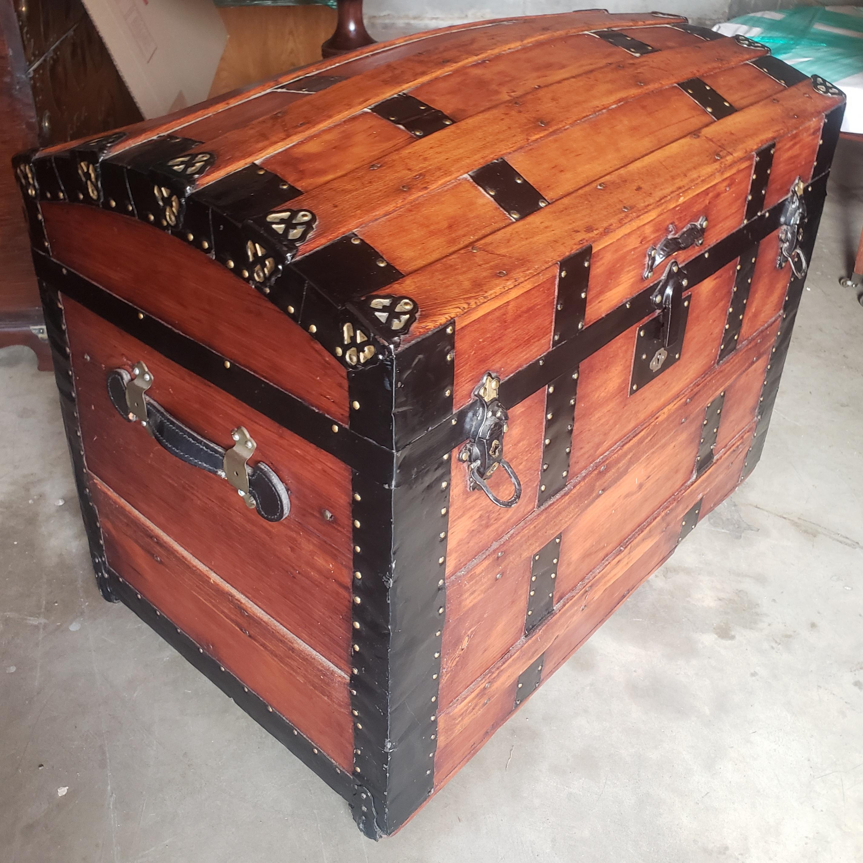 Refinished Early American Steamers Dome Top Pine and iron Blanket Chest Trunk For Sale 1