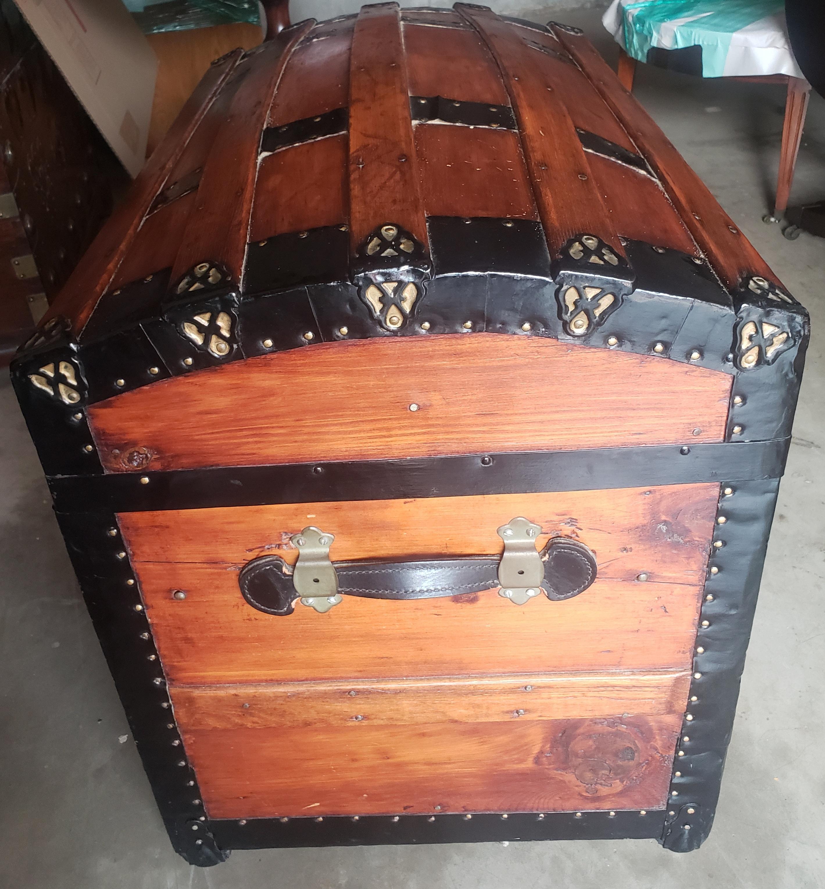 Refinished Early American Steamers Dome Top Pine and iron Blanket Chest Trunk For Sale 5
