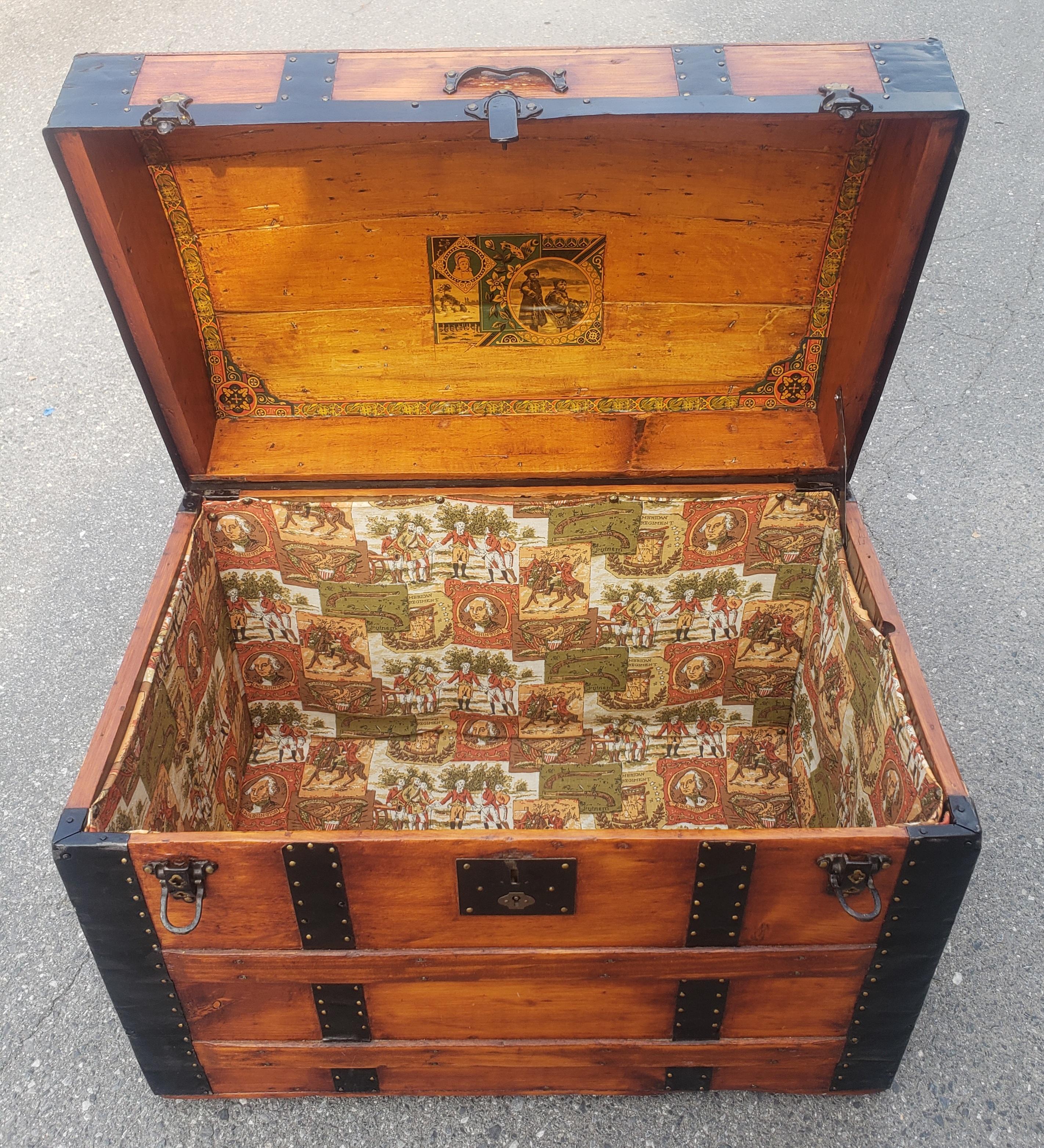 American Colonial Refinished Early American Steamers Dome Top Pine and iron Blanket Chest Trunk For Sale