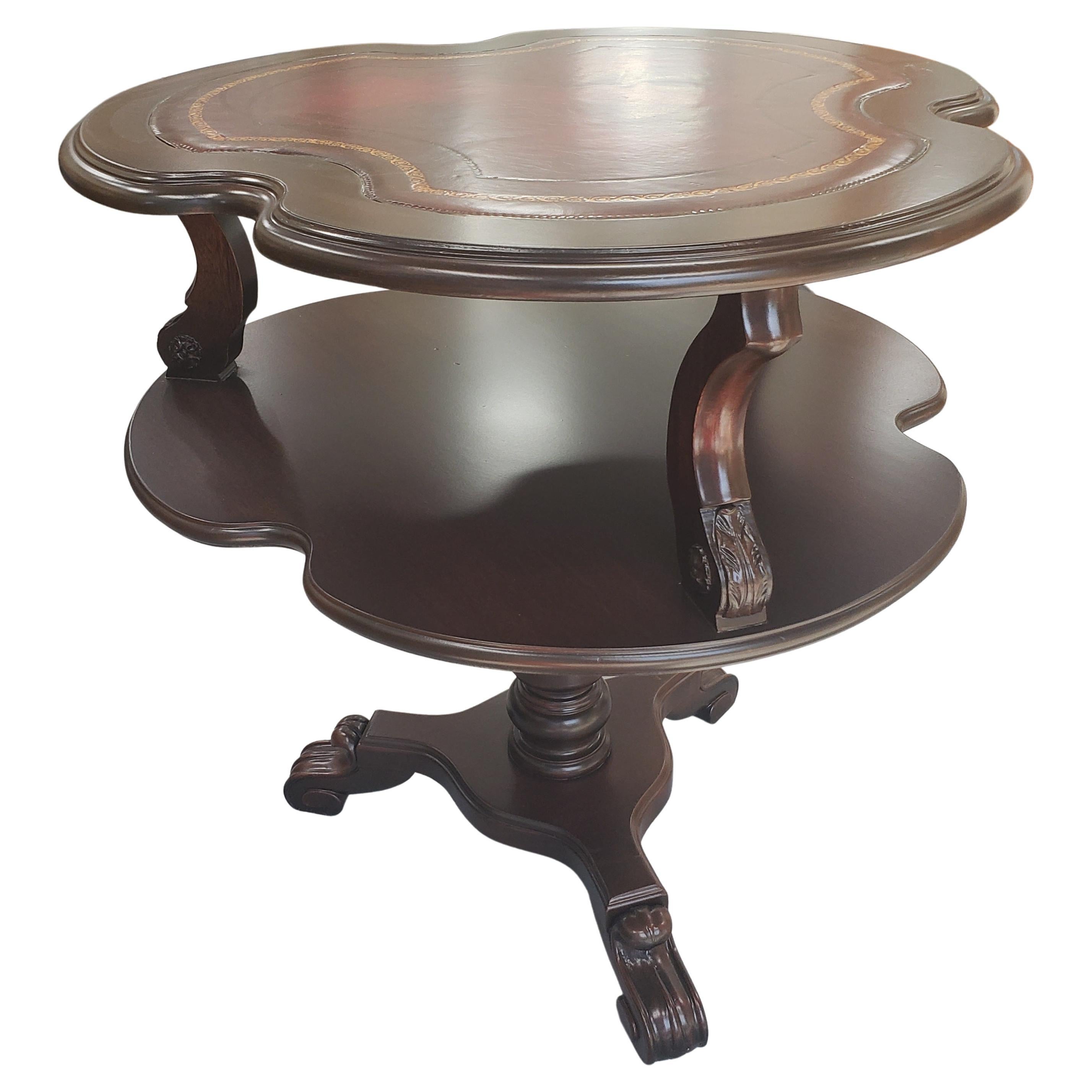 Refinished English Regency 2-Tier Leather Top Insert Stenciled Side Tables, Pair For Sale 1