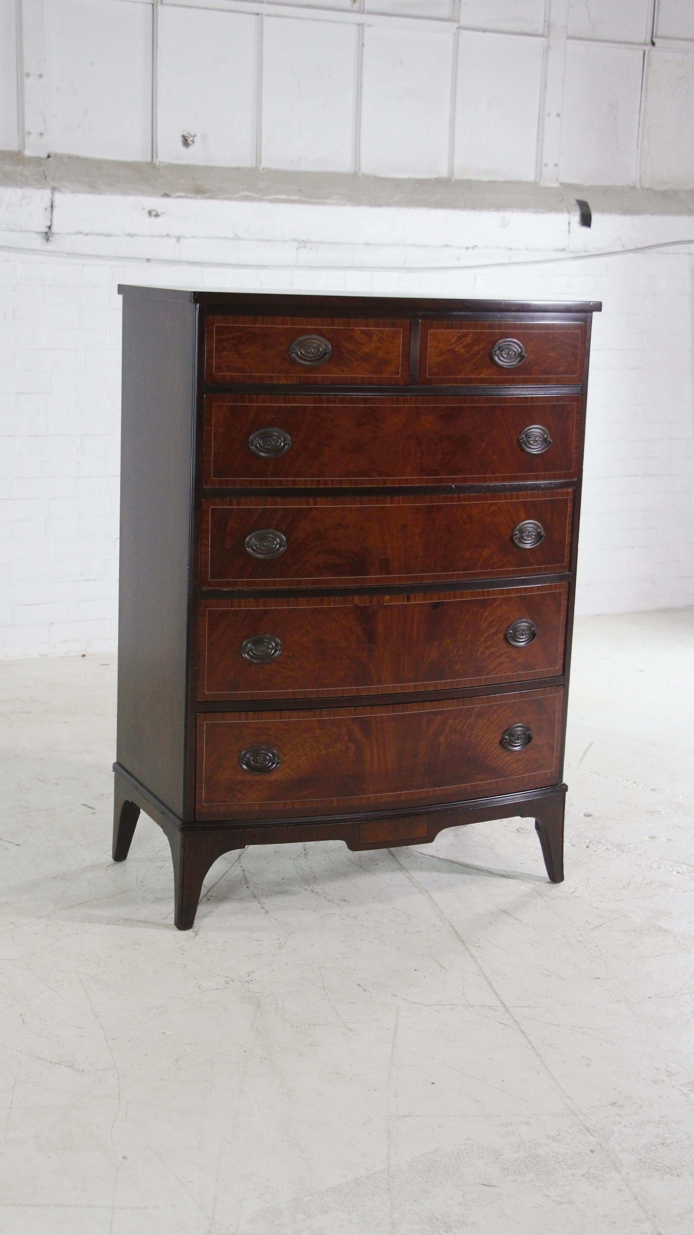 American Refinished Inlaid Mahogany Dresser w/ 6 Drawers + Brass Hardware by John Stuart