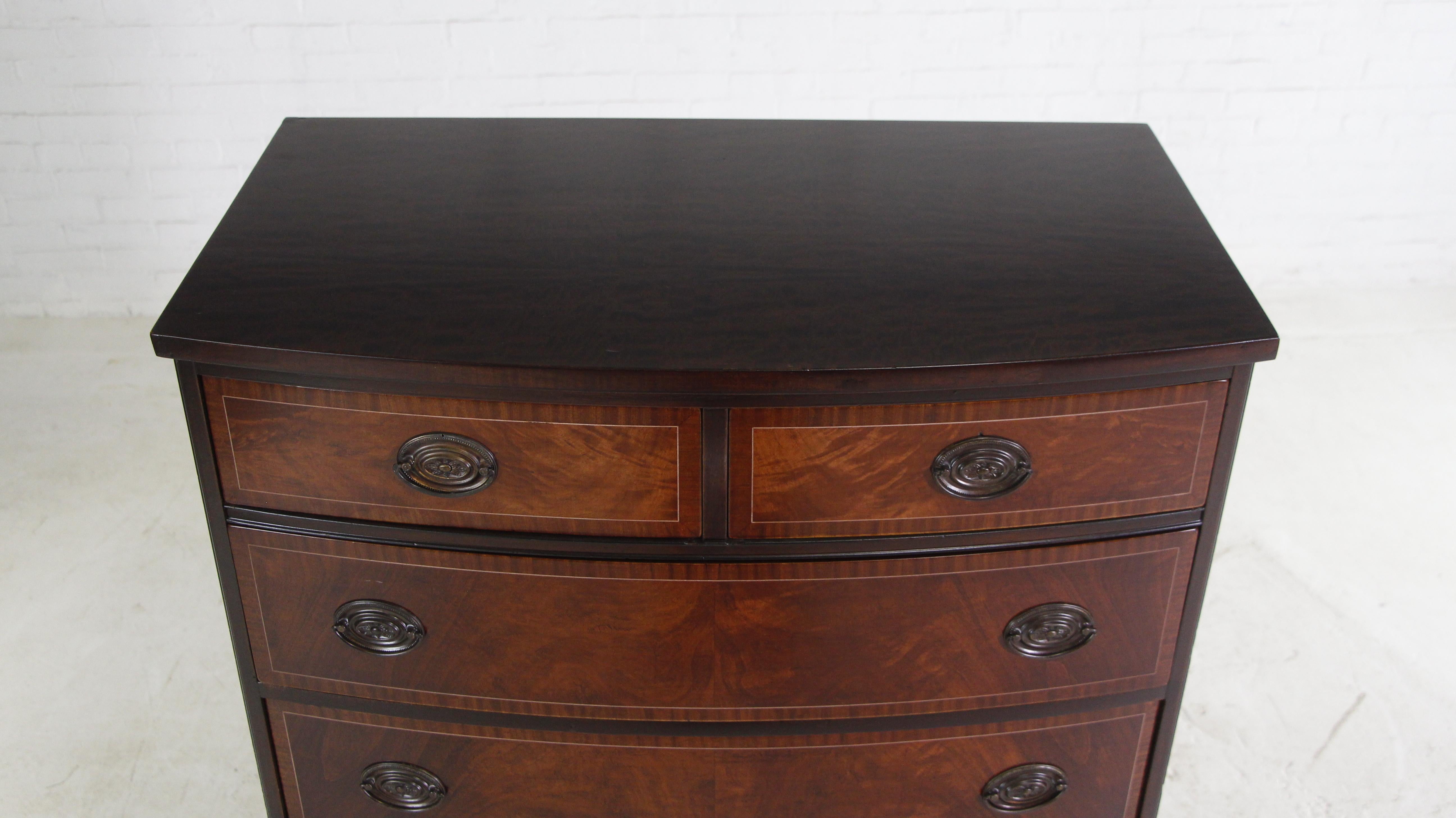 Refinished Inlaid Mahogany Dresser w/ 6 Drawers + Brass Hardware by John Stuart In Good Condition In New York, NY