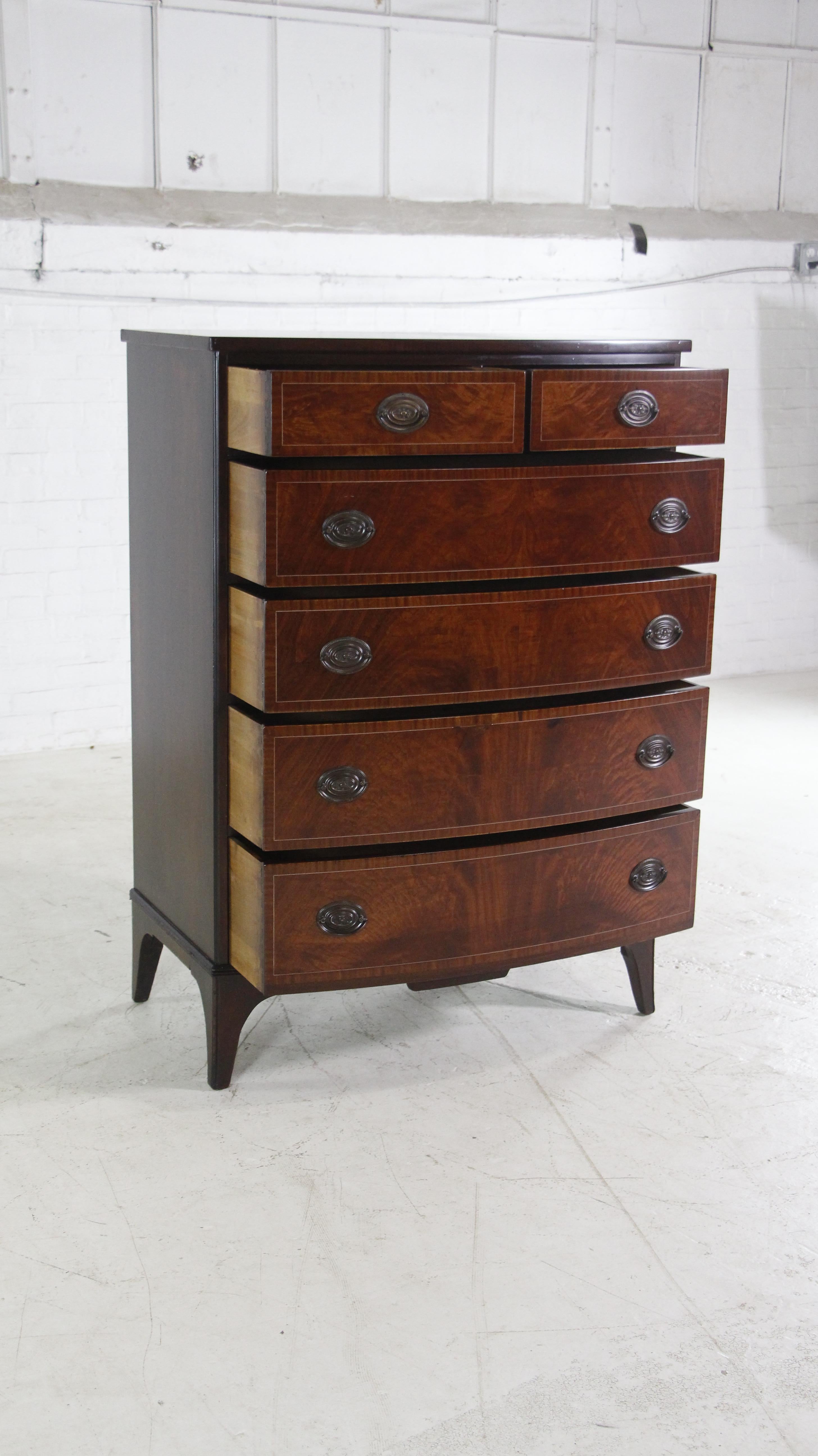 20th Century Refinished Inlaid Mahogany Dresser w/ 6 Drawers + Brass Hardware by John Stuart