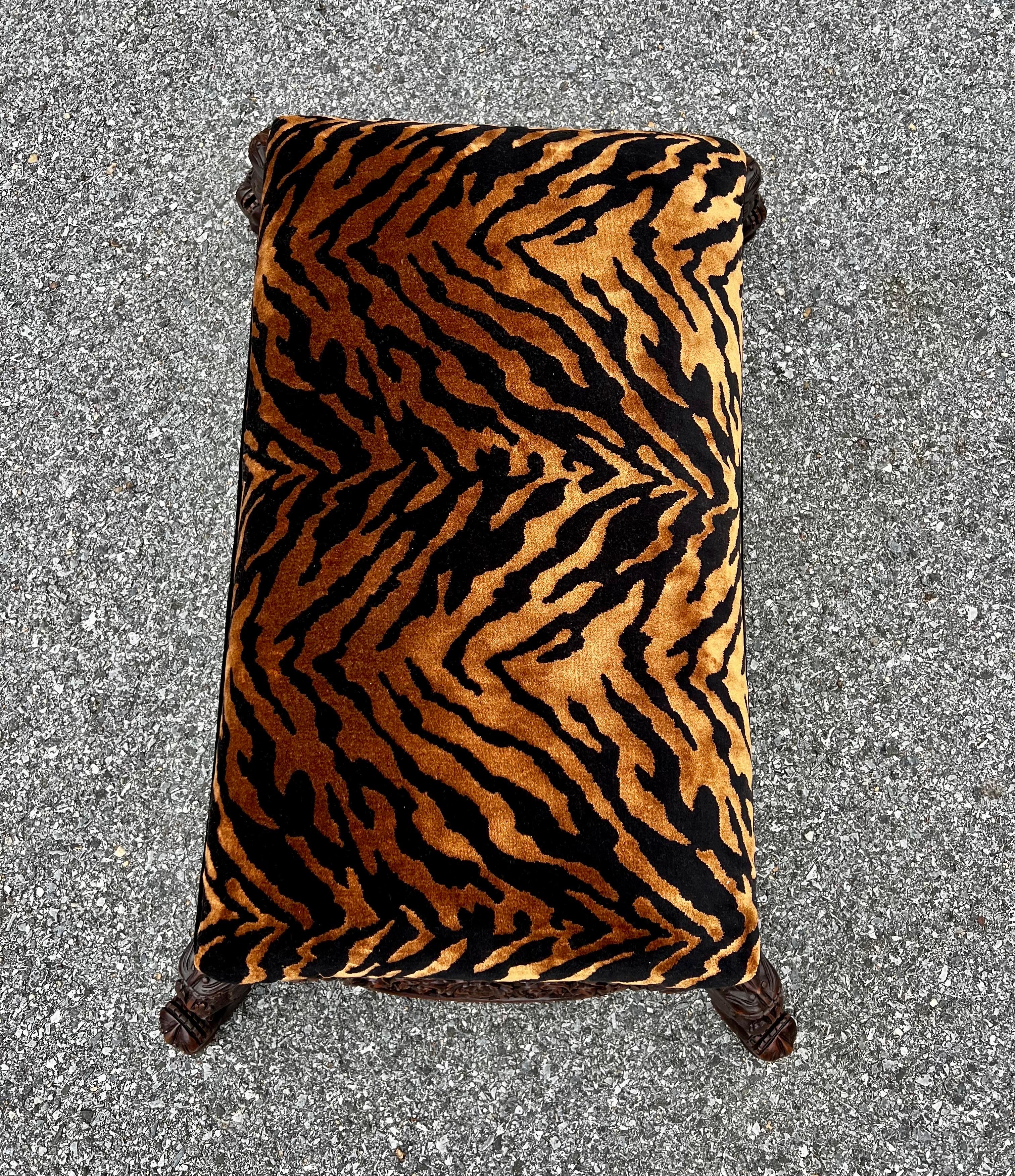 Refinished Late 19th Century Anglo-Indian Heavily Carved Tiger Velvet Ottoman  im Angebot 2