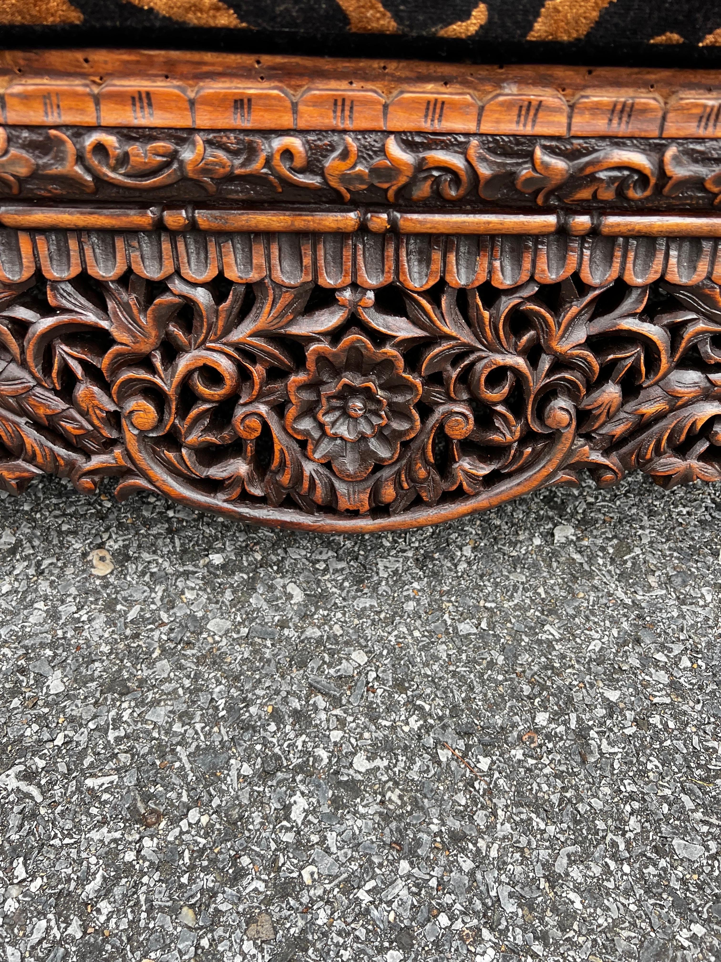 Refinished Late 19th Century Anglo-Indian Heavily Carved Tiger Velvet Ottoman  For Sale 7