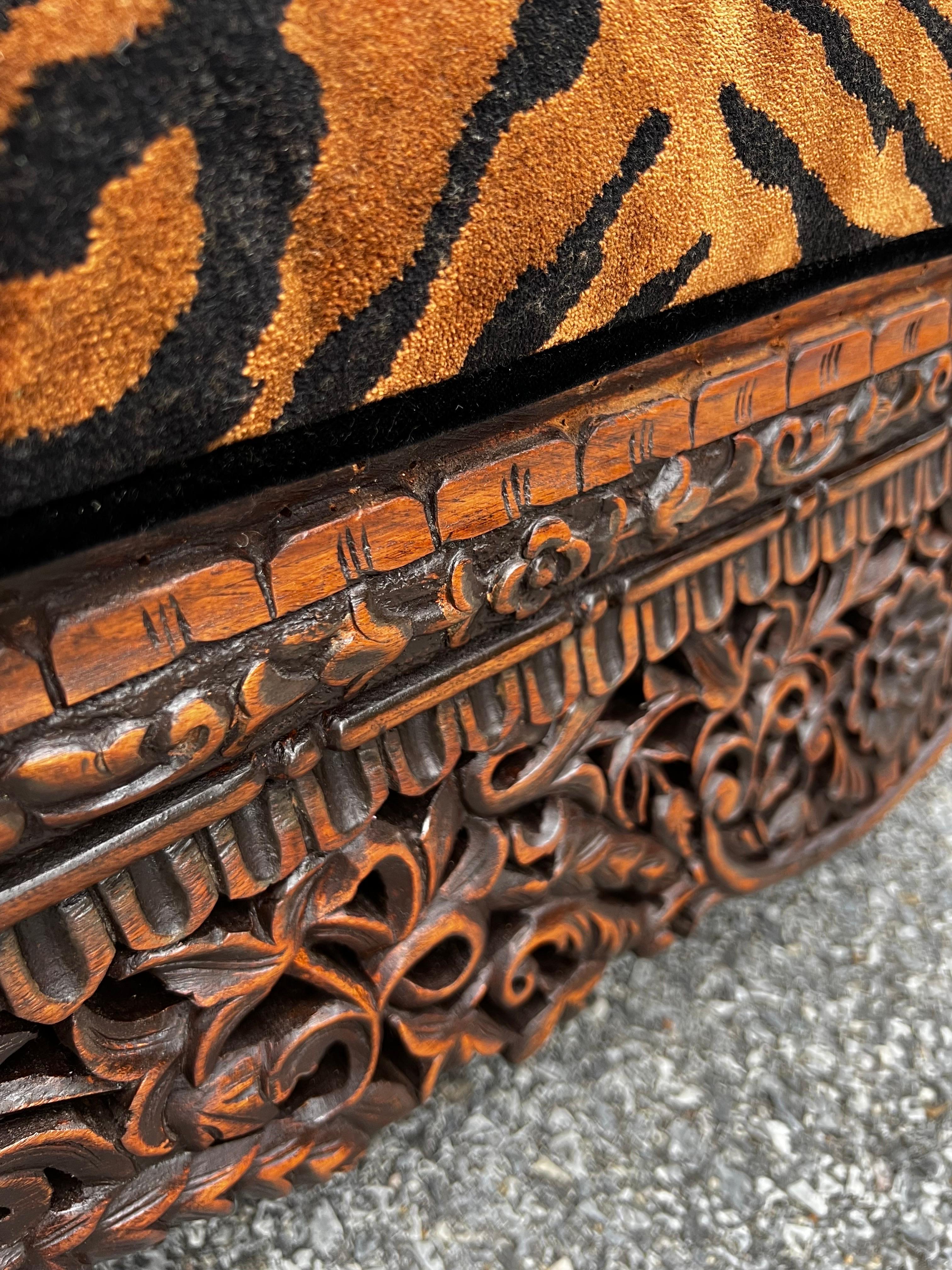 Refinished Late 19th Century Anglo-Indian Heavily Carved Tiger Velvet Ottoman  For Sale 9