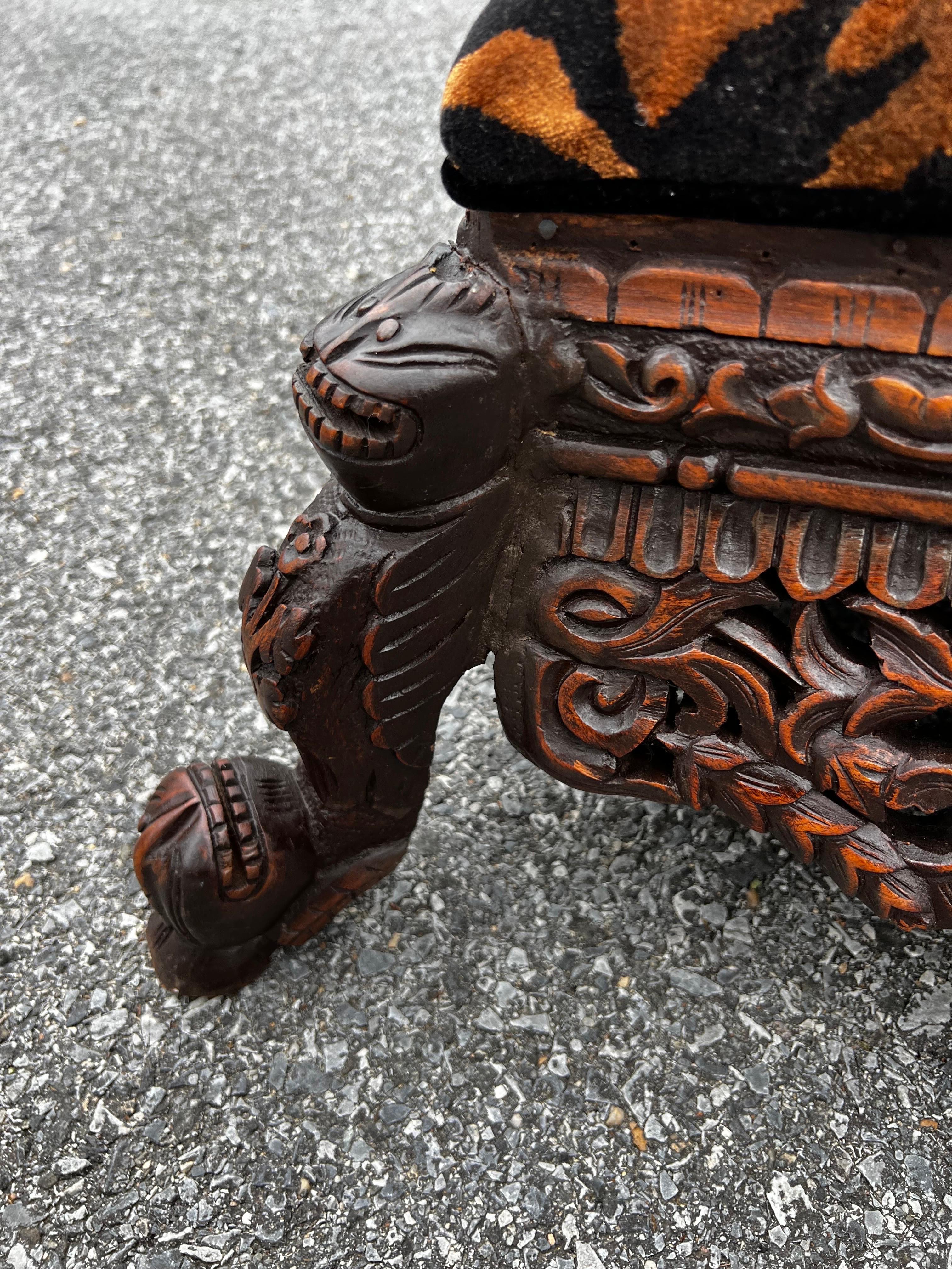 Refinished Late 19th Century Anglo-Indian Heavily Carved Tiger Velvet Ottoman  For Sale 10