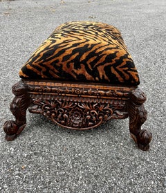 Refinished Late 19th Century Anglo-Indian Heavily Carved Tiger Velvet Ottoman