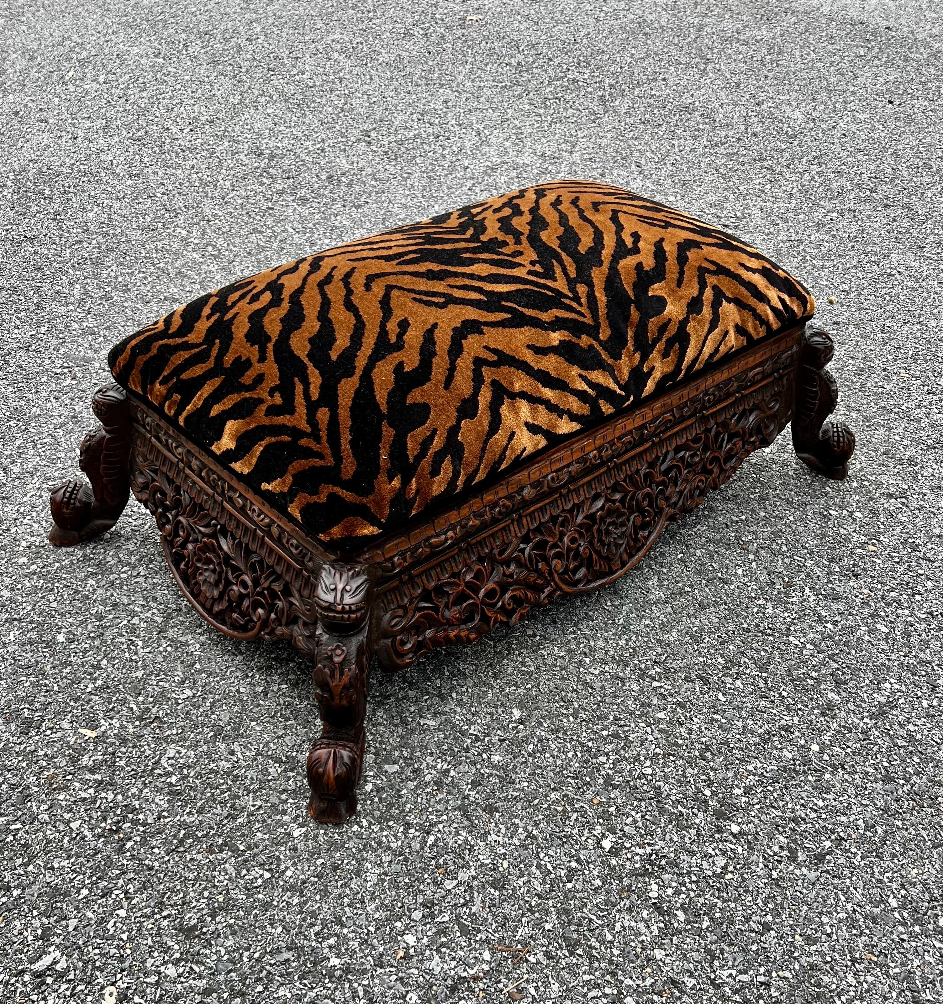Hand-Carved Refinished Late 19th Century Anglo-Indian Heavily Carved Tiger Velvet Ottoman  For Sale