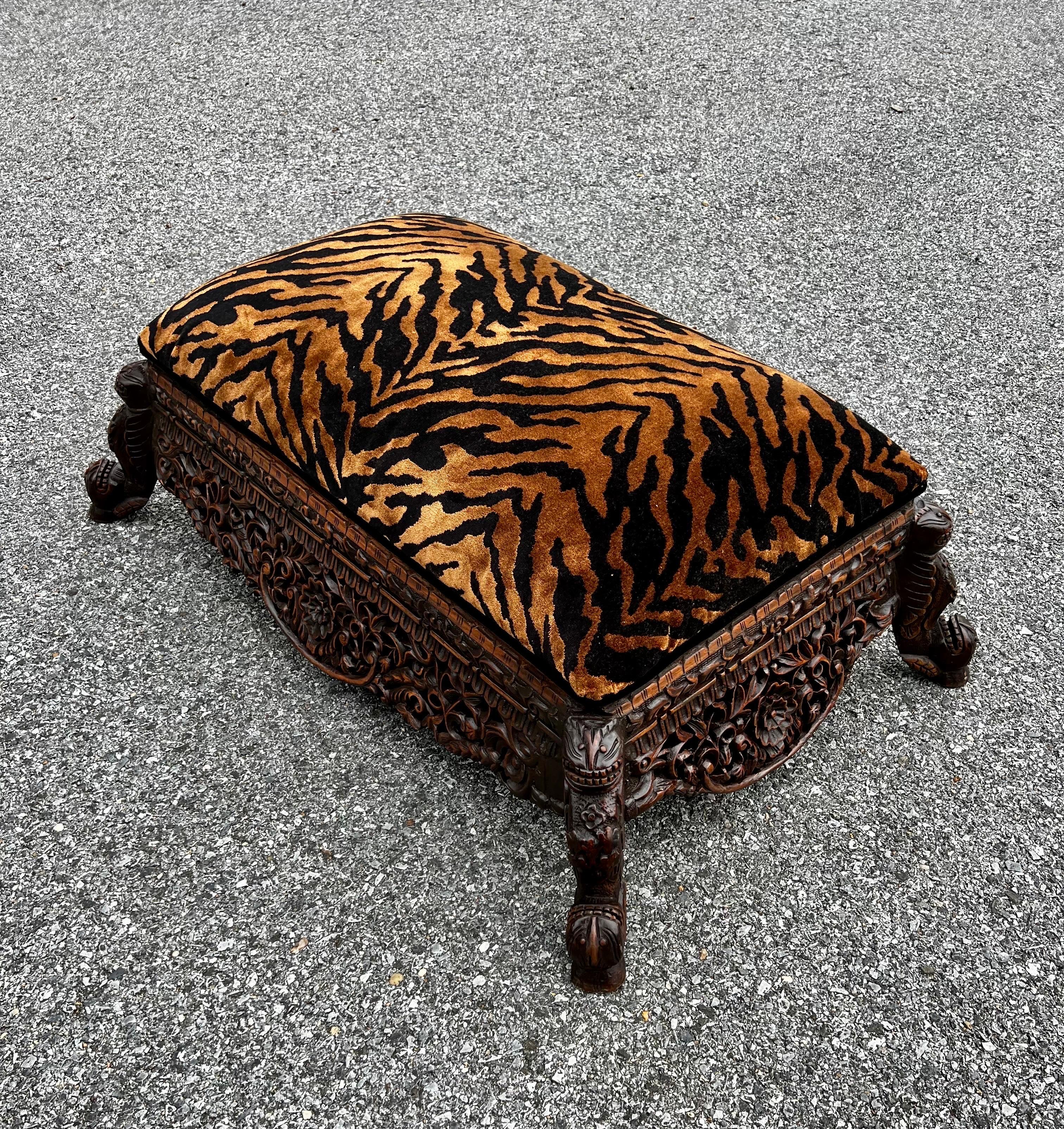 Refinished Late 19th Century Anglo-Indian Heavily Carved Tiger Velvet Ottoman  For Sale 1