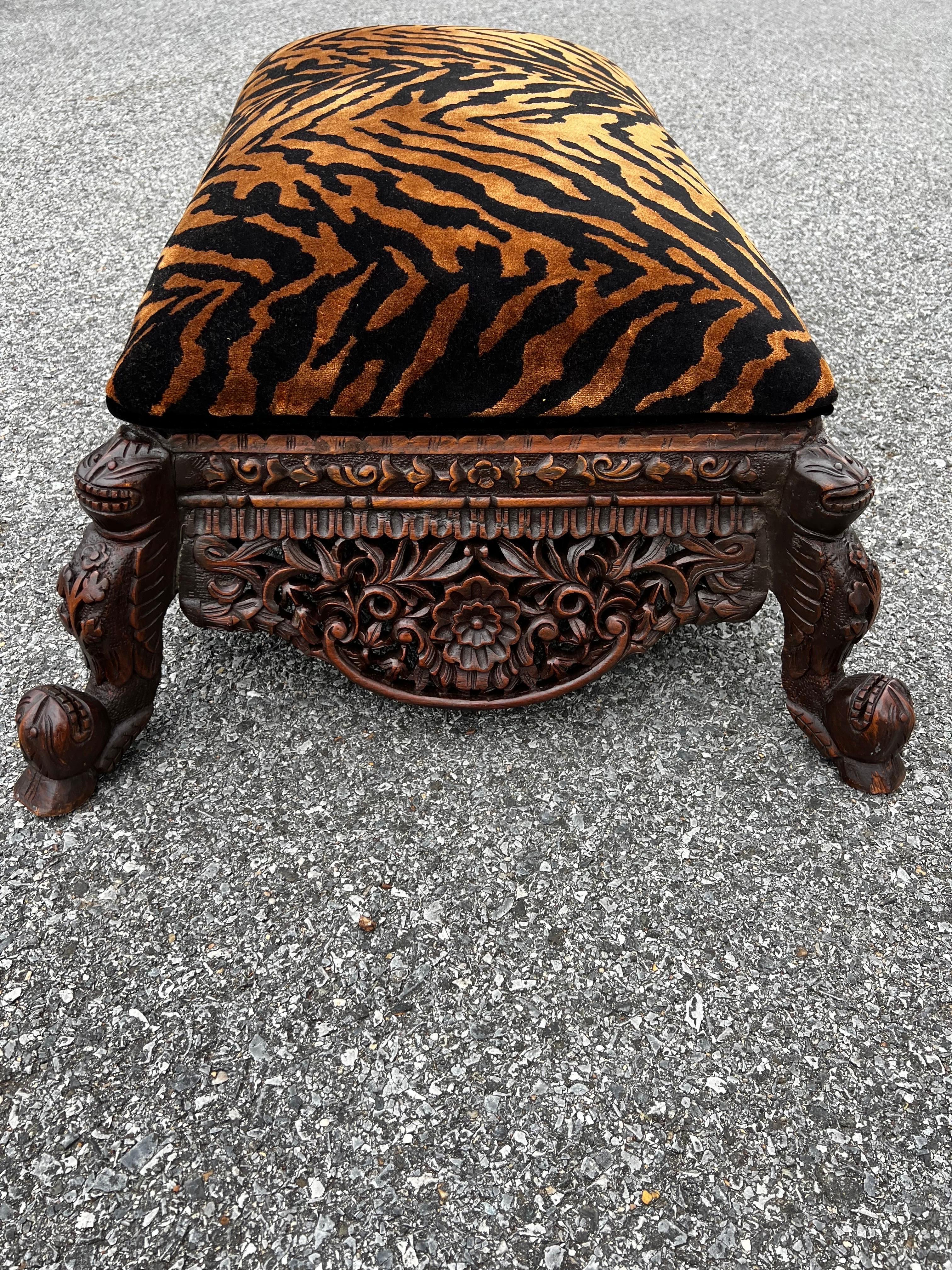 Refinished Late 19th Century Anglo-Indian Heavily Carved Tiger Velvet Ottoman  For Sale 3
