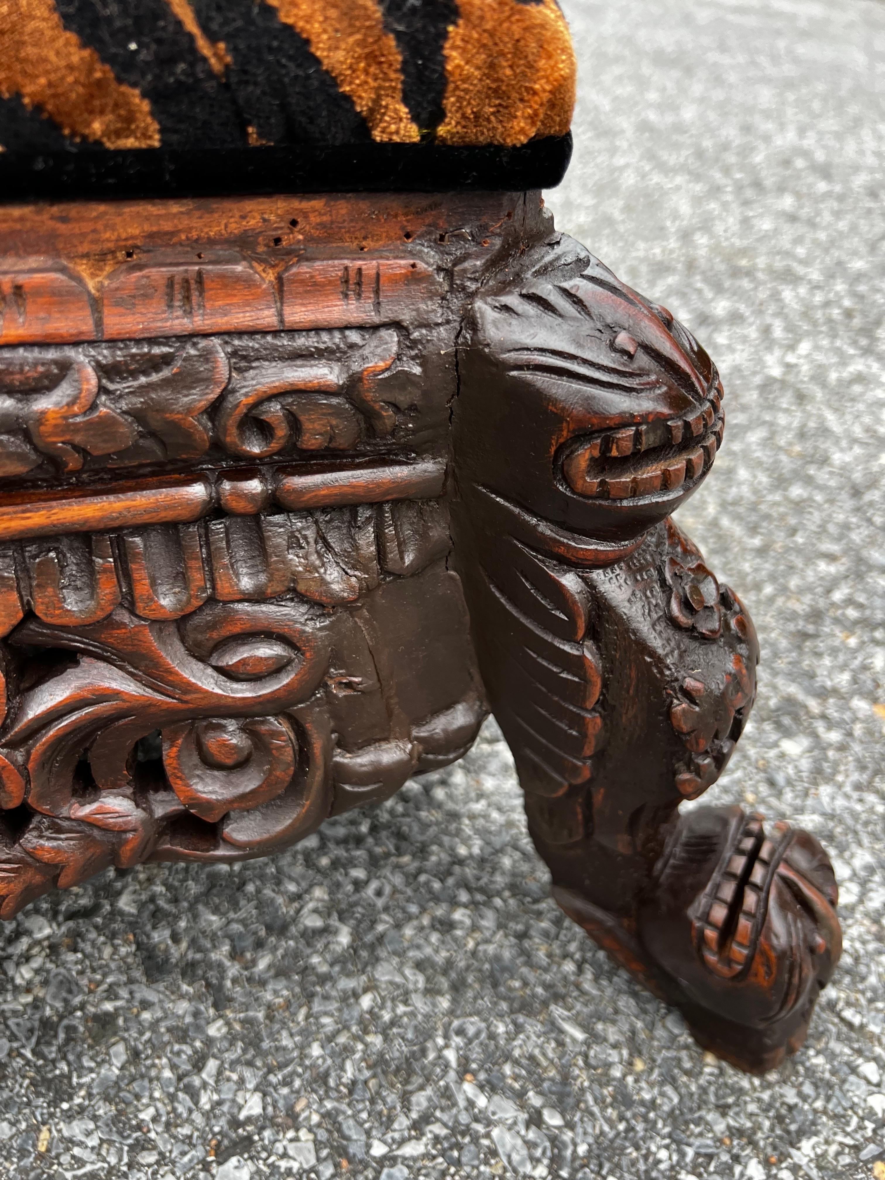 Refinished Late 19th Century Anglo-Indian Heavily Carved Tiger Velvet Ottoman  For Sale 4