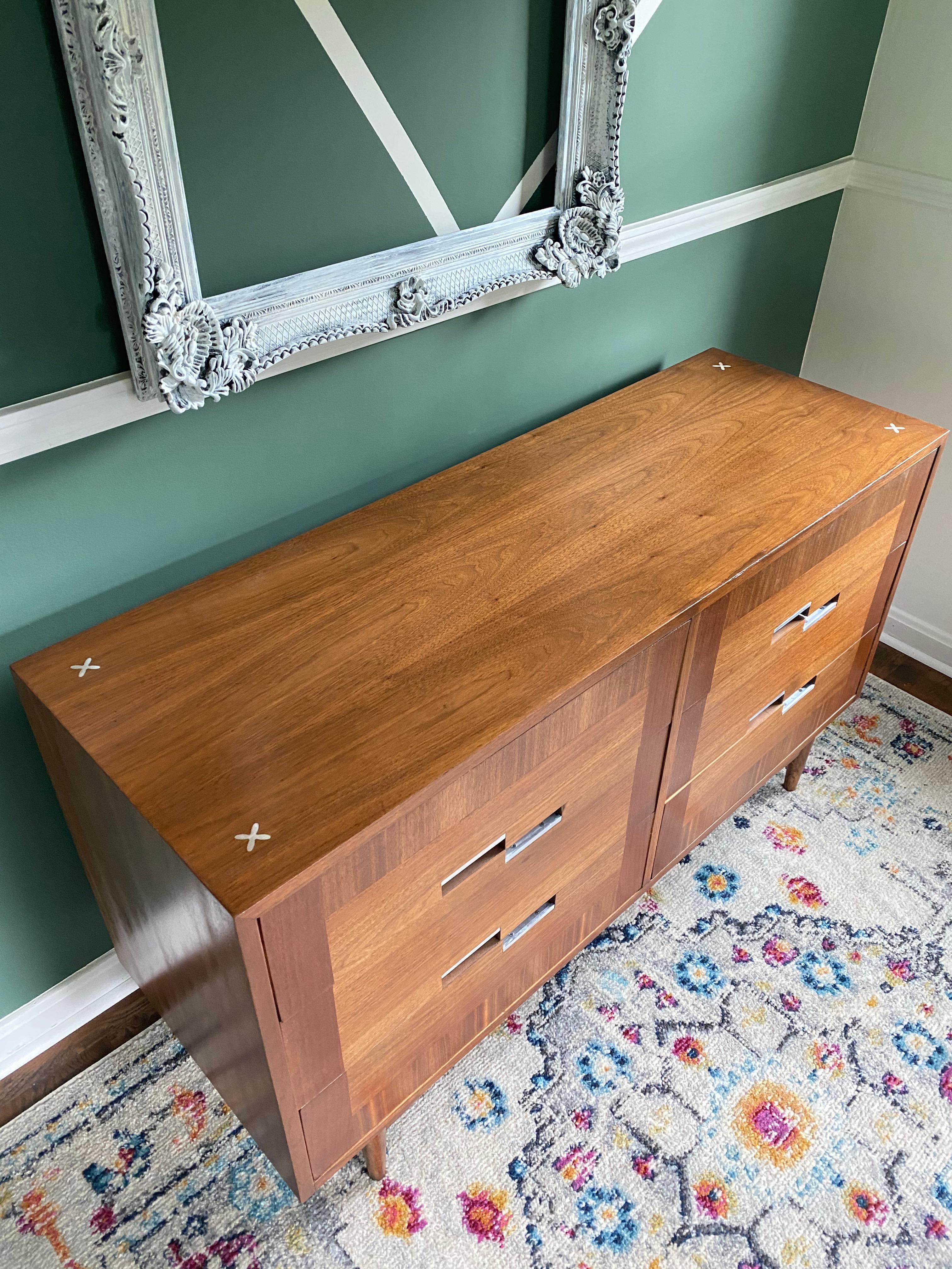 Refinished Mcm American of Martinsville Low-boy Walnut Dresser In Good Condition For Sale In Medina, OH