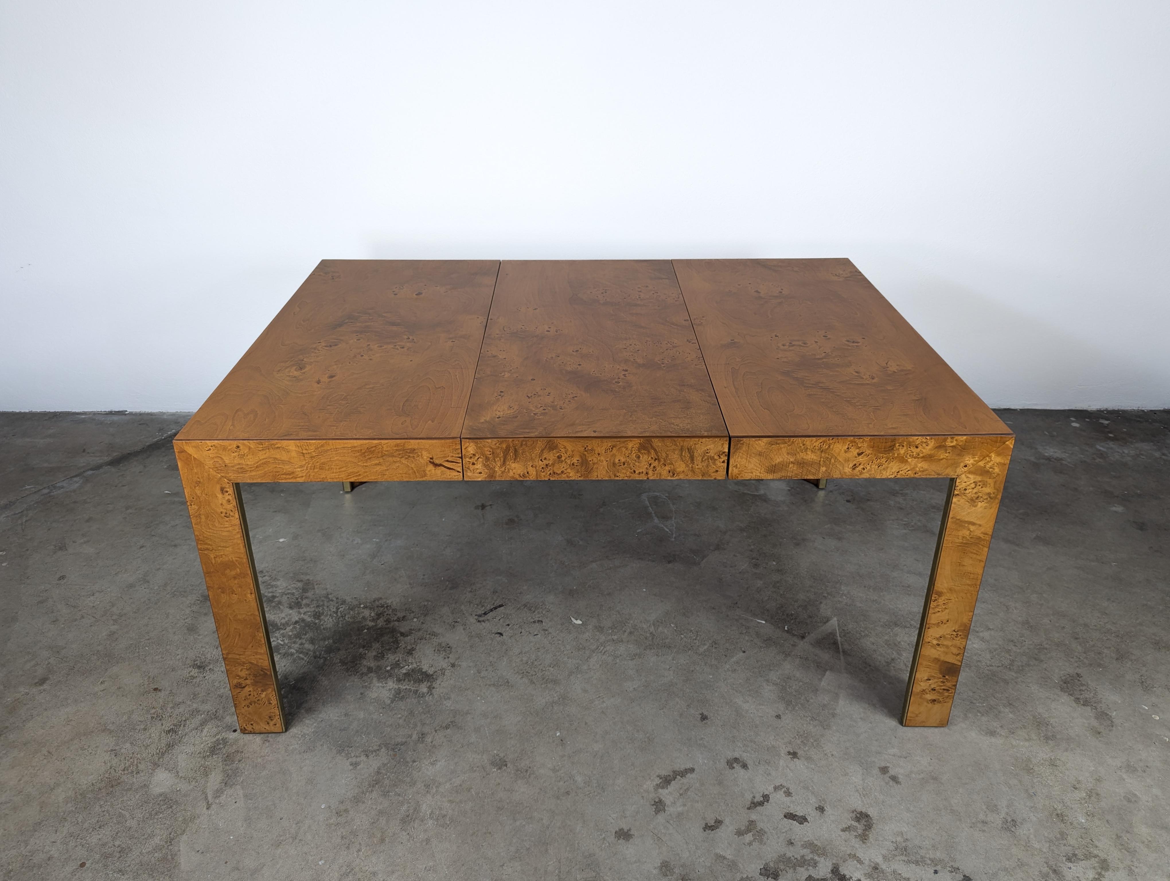 Brass Refinished Mid Century Burlwood Extendable Dining Table by Thomasville, c1970s