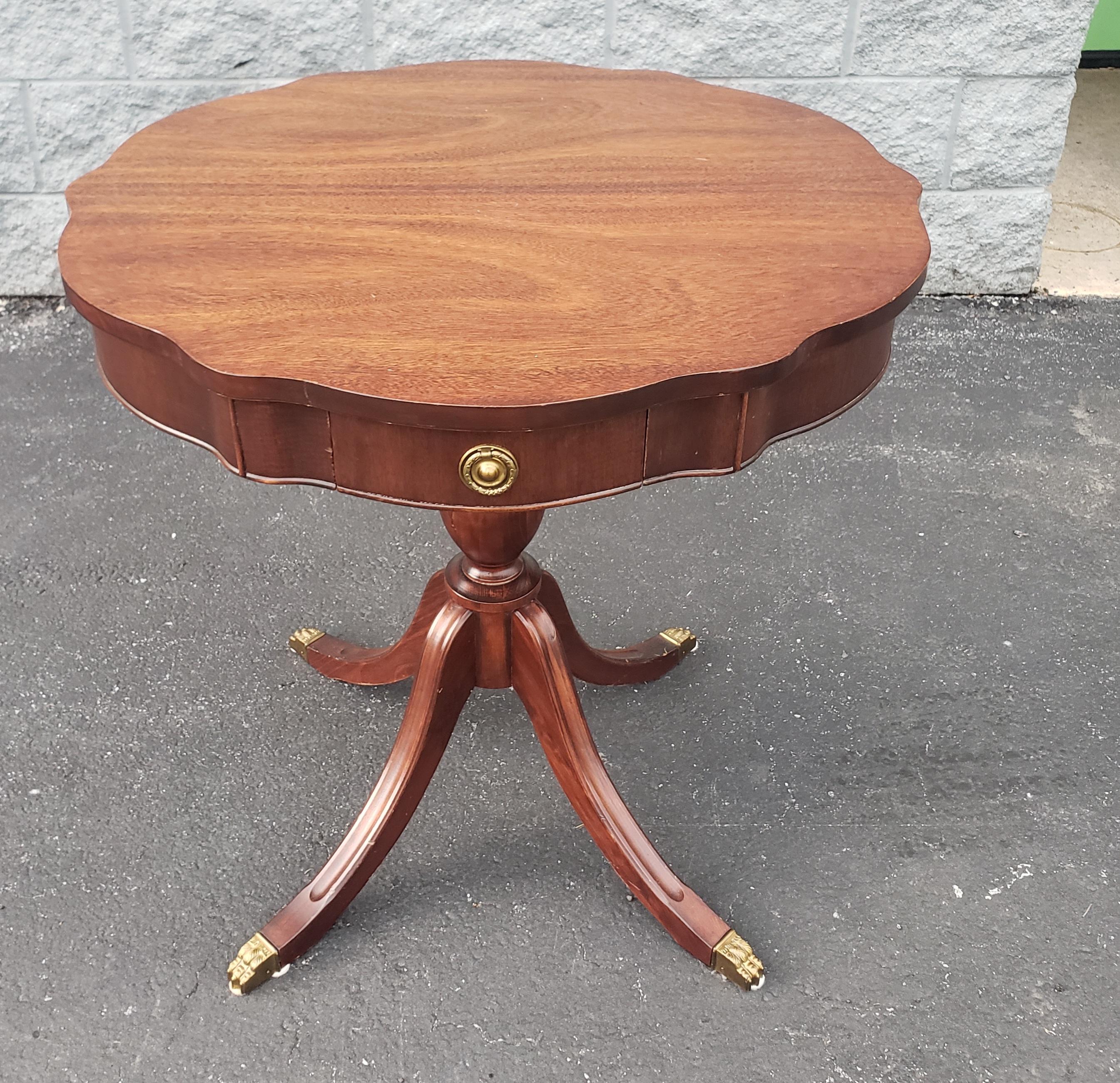 George III Refinished Mid-Century Mahogany Single Drawer QuadPod Pedestal Drum Table For Sale