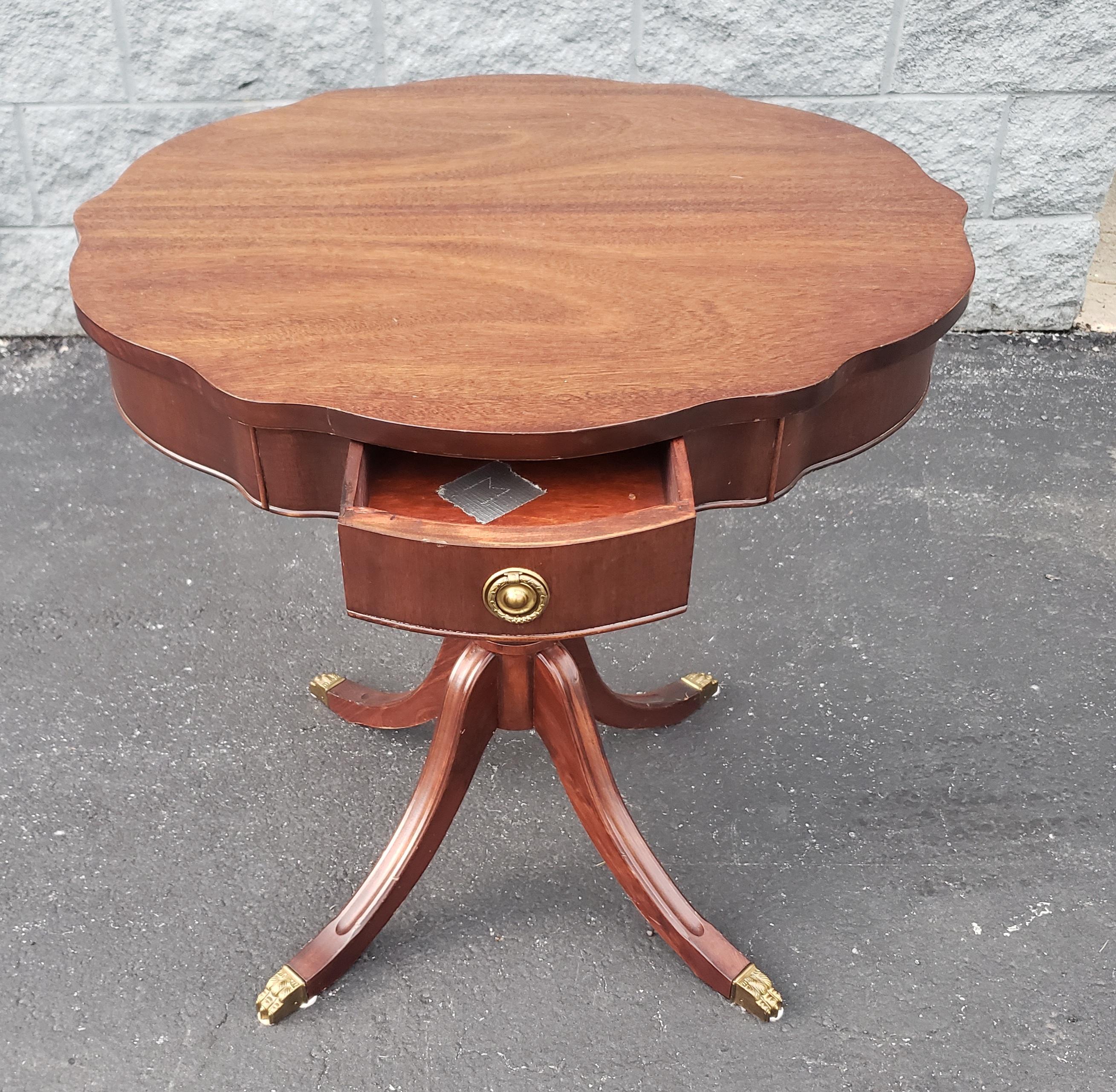 American Refinished Mid-Century Mahogany Single Drawer QuadPod Pedestal Drum Table For Sale