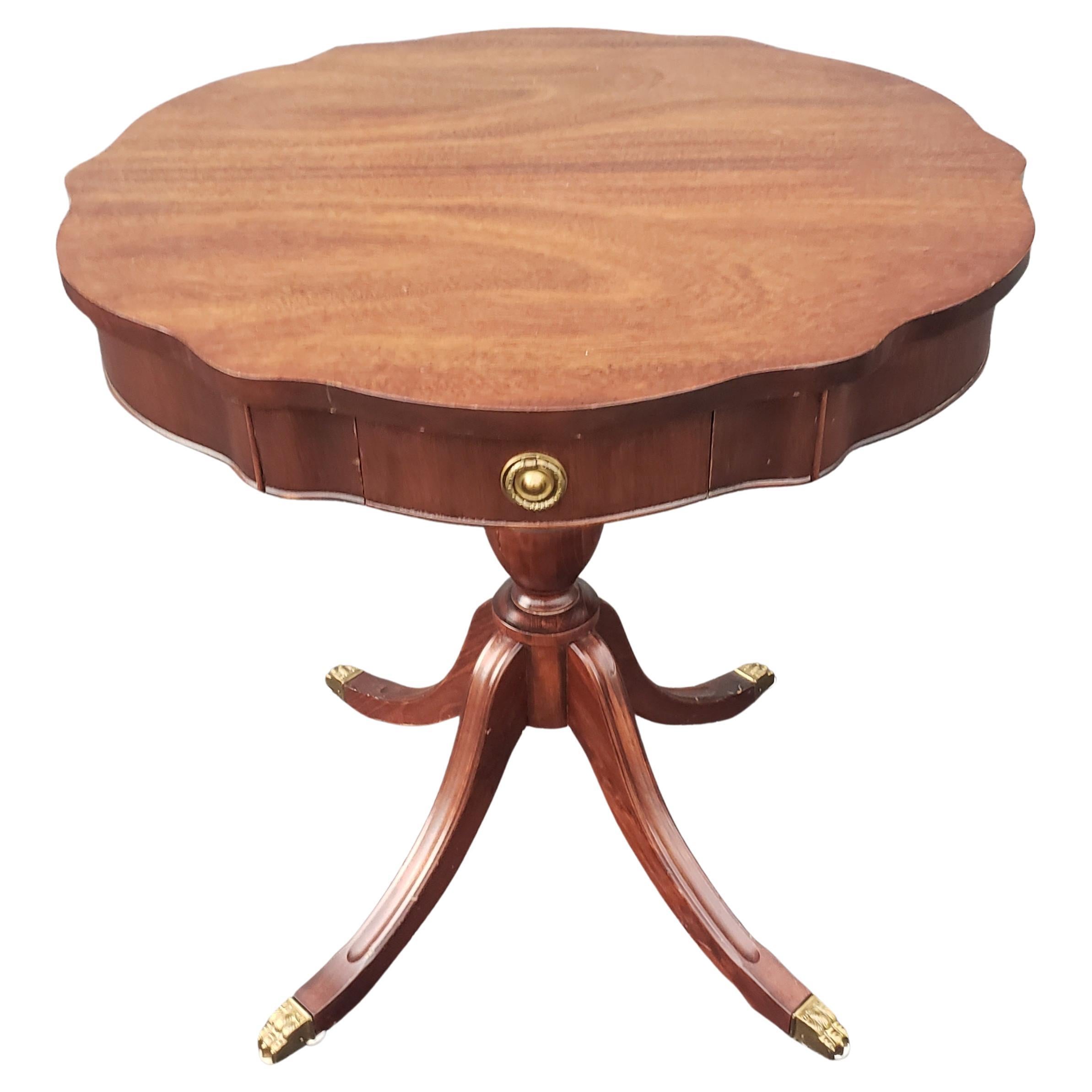 Refinished Mid-Century Mahogany Single Drawer QuadPod Pedestal Drum Table For Sale