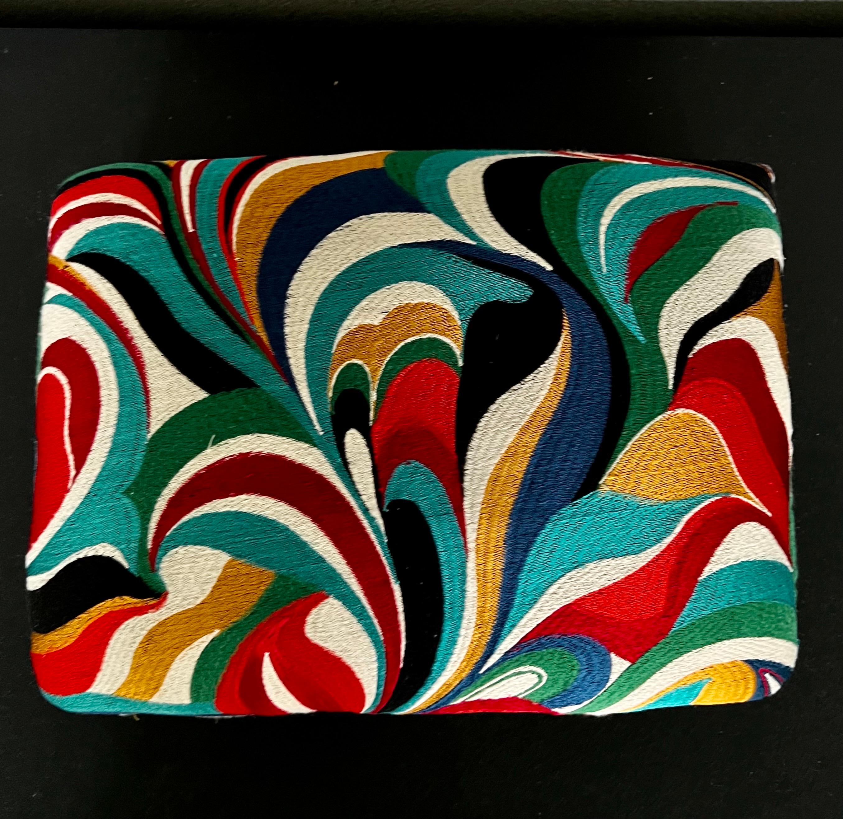 Refinished Mid-Century Modern Footstool with Abstract Multicolor Embroidered Fab For Sale 3