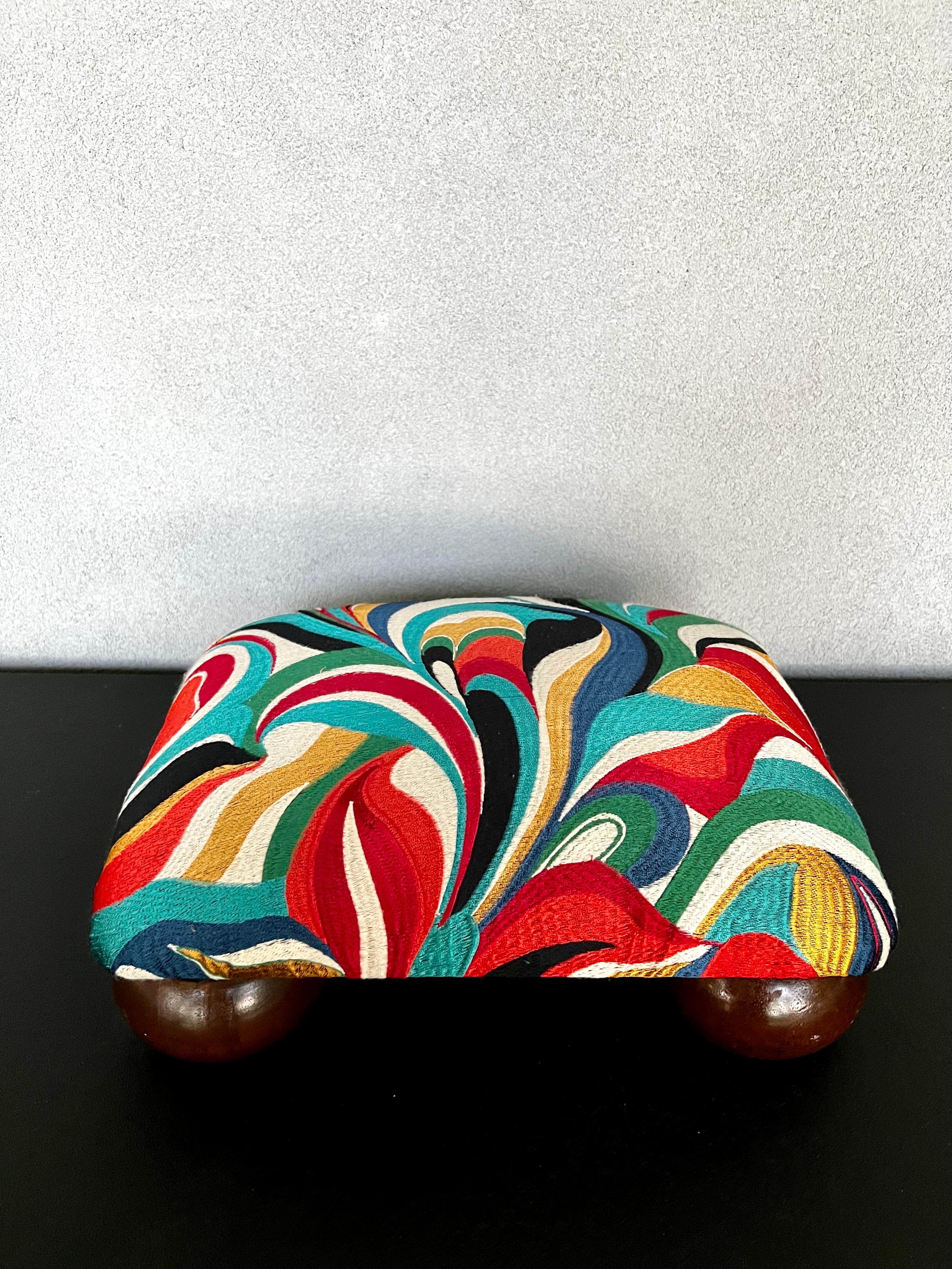 Refinished Mid-Century Modern Footstool with Abstract Multicolor Embroidered Fab For Sale 4