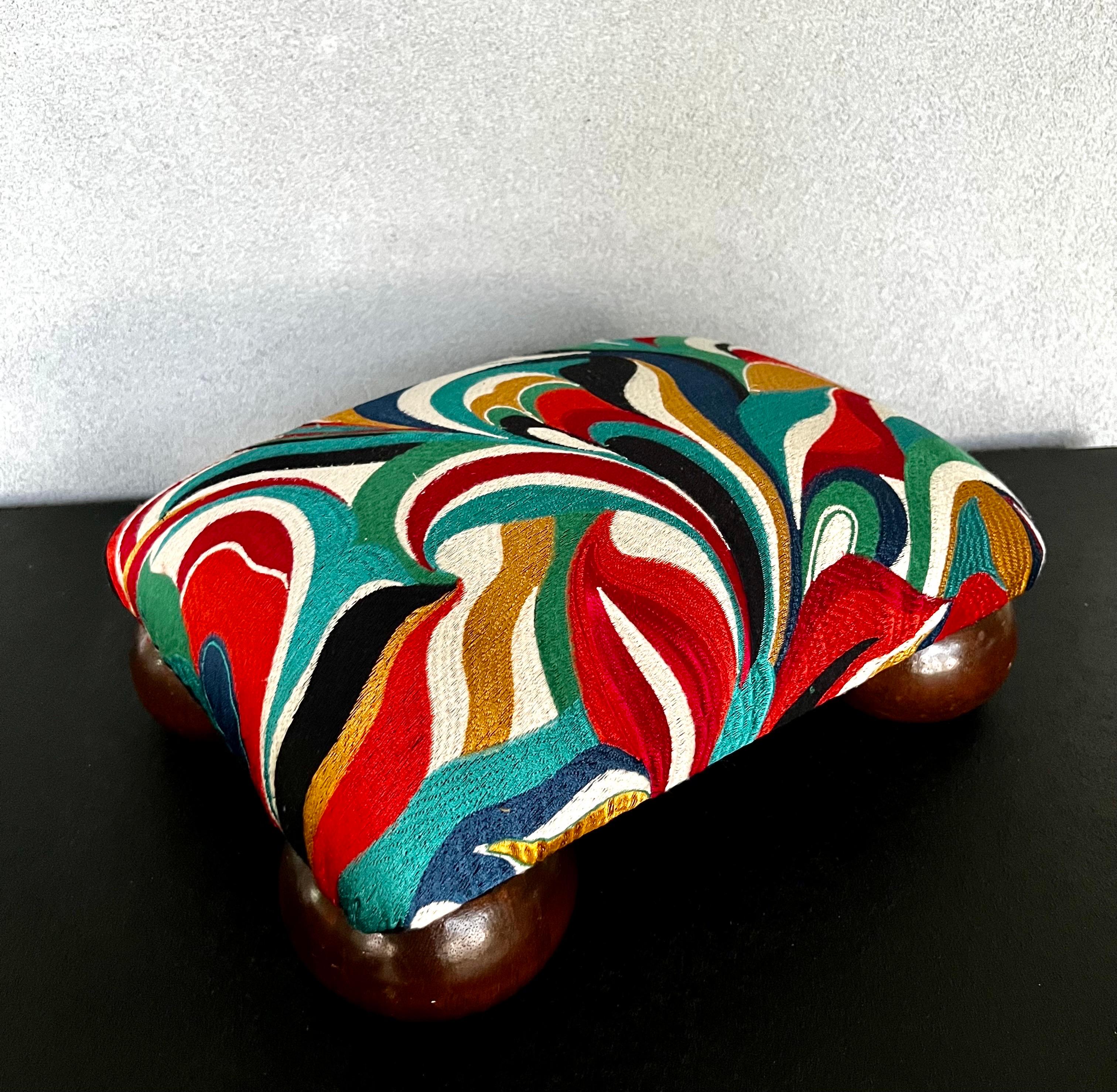 Refinished Mid-Century Modern Footstool with Abstract Multicolor Embroidered Fab For Sale 5