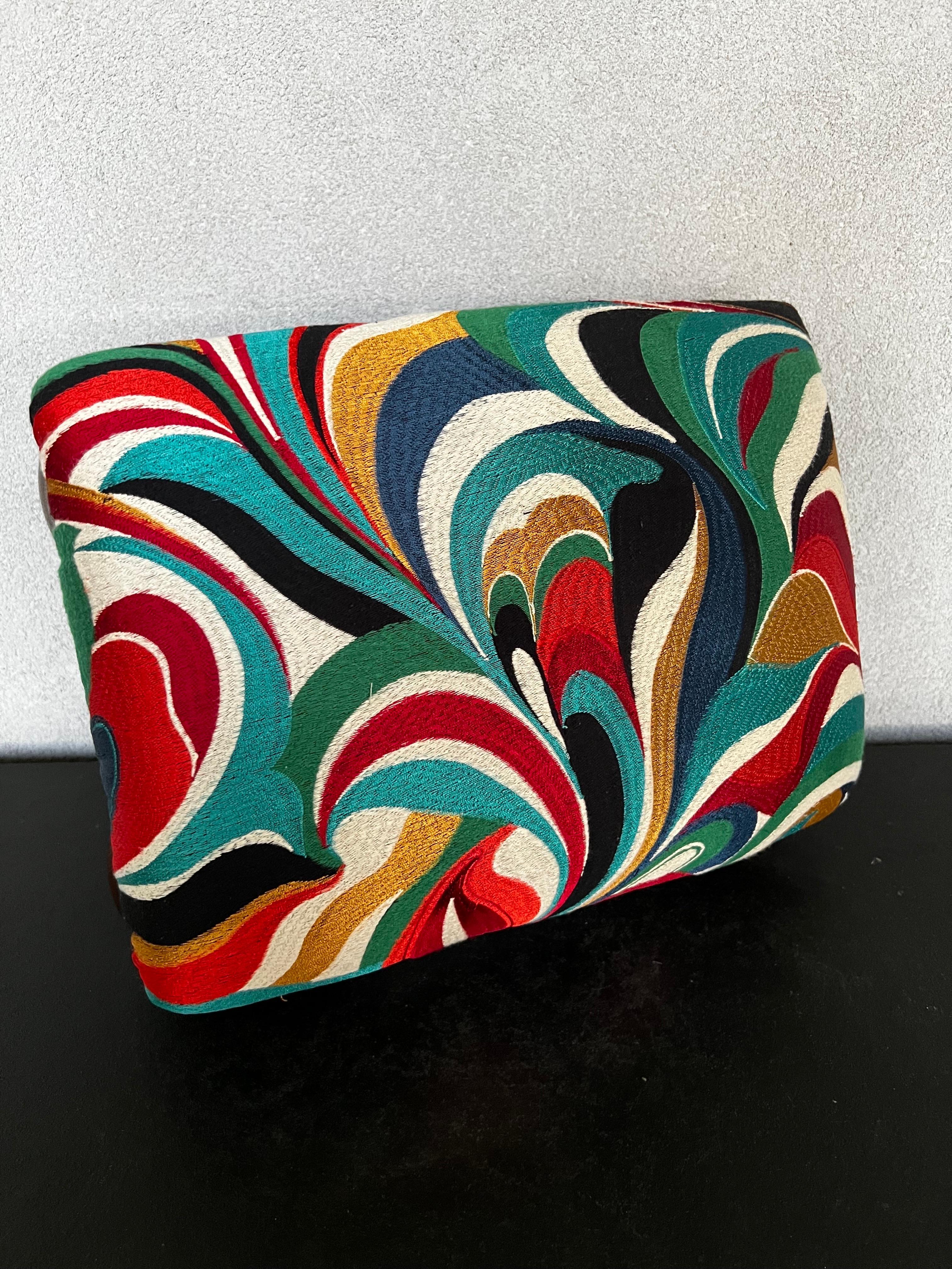 American Refinished Mid-Century Modern Footstool with Abstract Multicolor Embroidered Fab For Sale