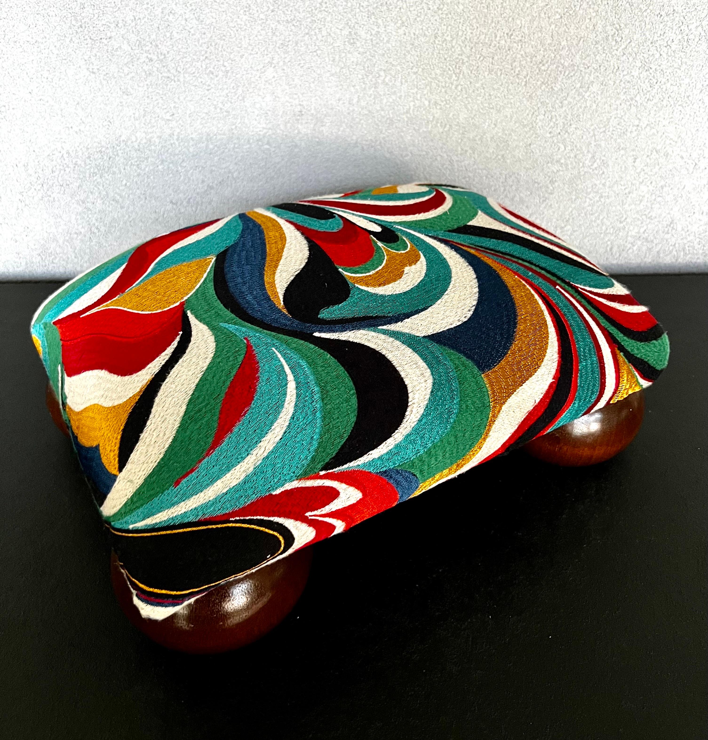 Hand-Crafted Refinished Mid-Century Modern Footstool with Abstract Multicolor Embroidered Fab For Sale