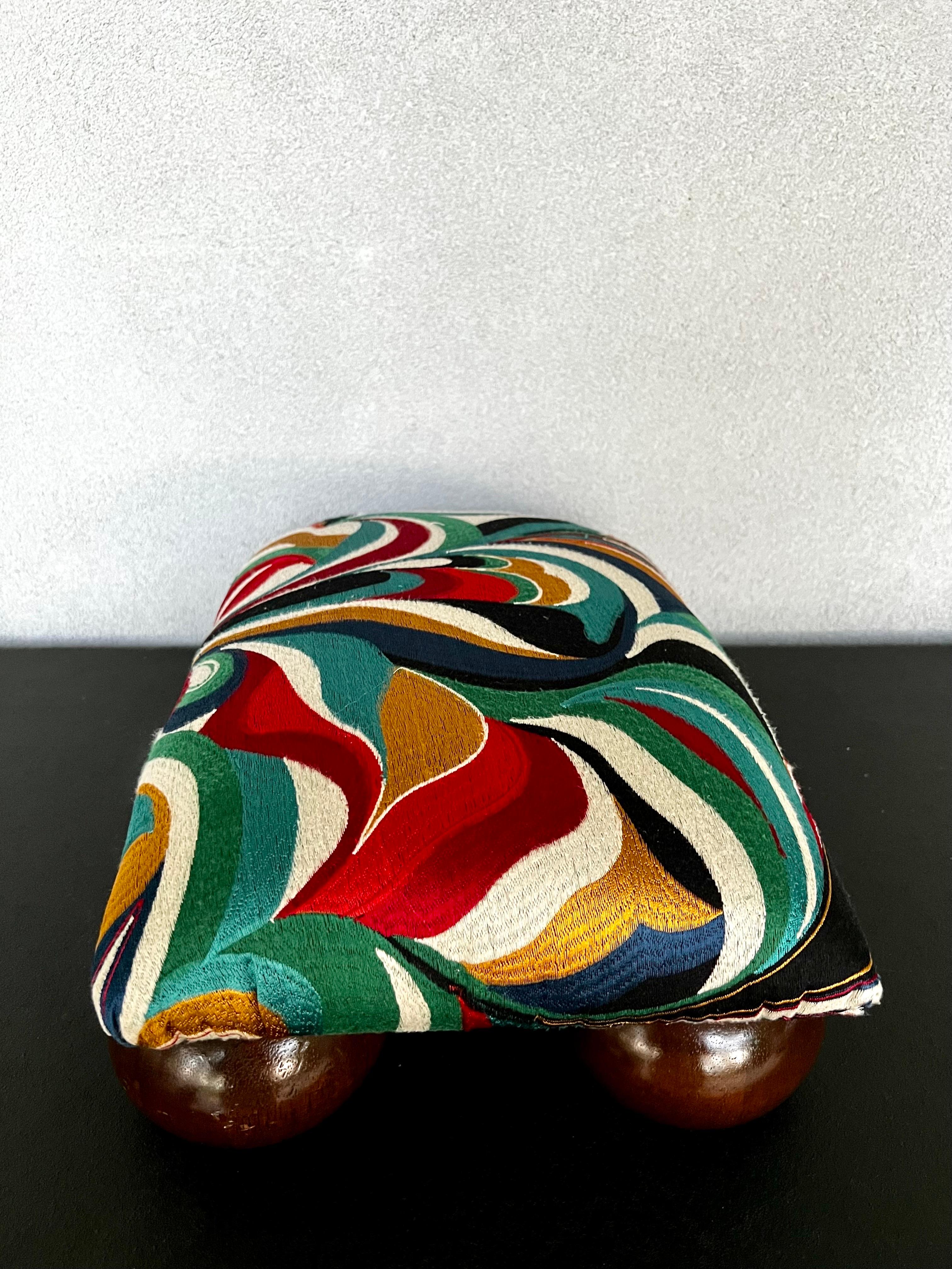Refinished Mid-Century Modern Footstool with Abstract Multicolor Embroidered Fab In Good Condition For Sale In Fort Washington, MD