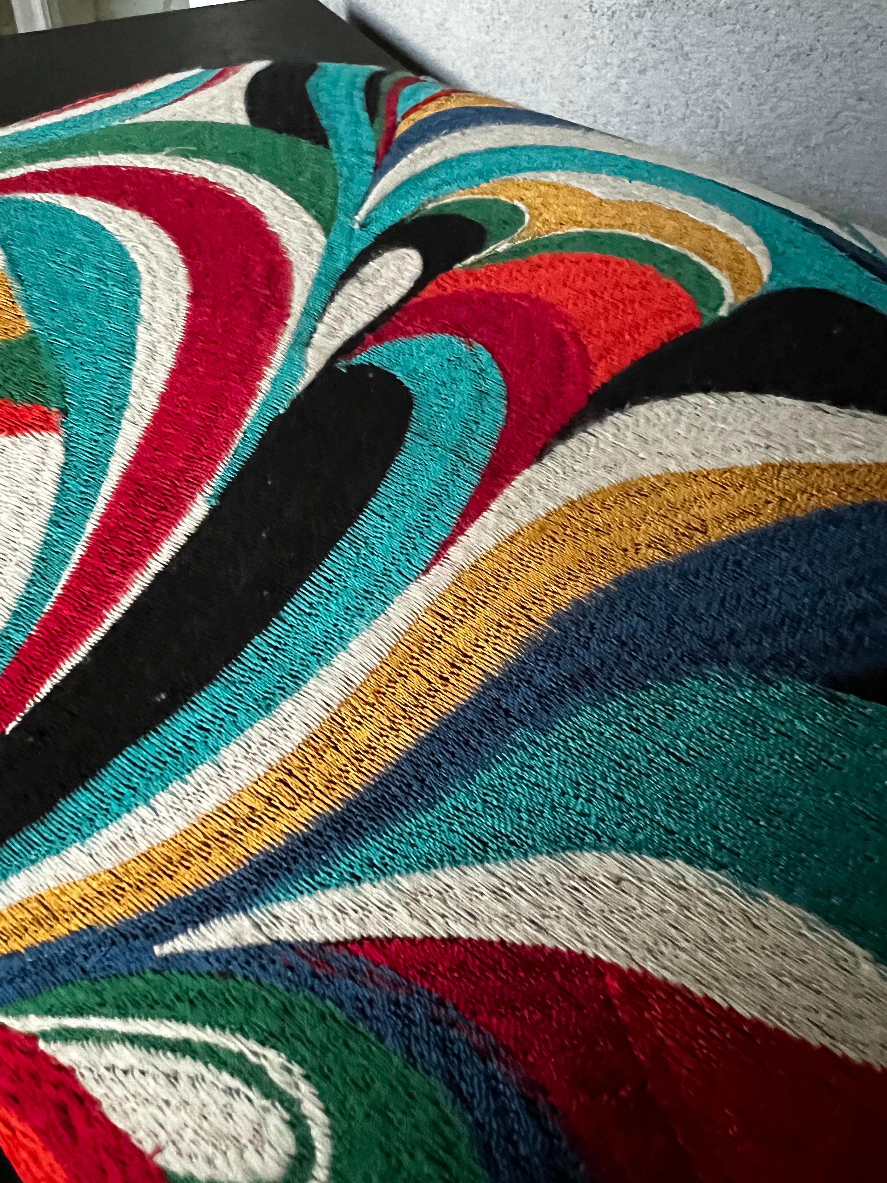 20th Century Refinished Mid-Century Modern Footstool with Abstract Multicolor Embroidered Fab For Sale