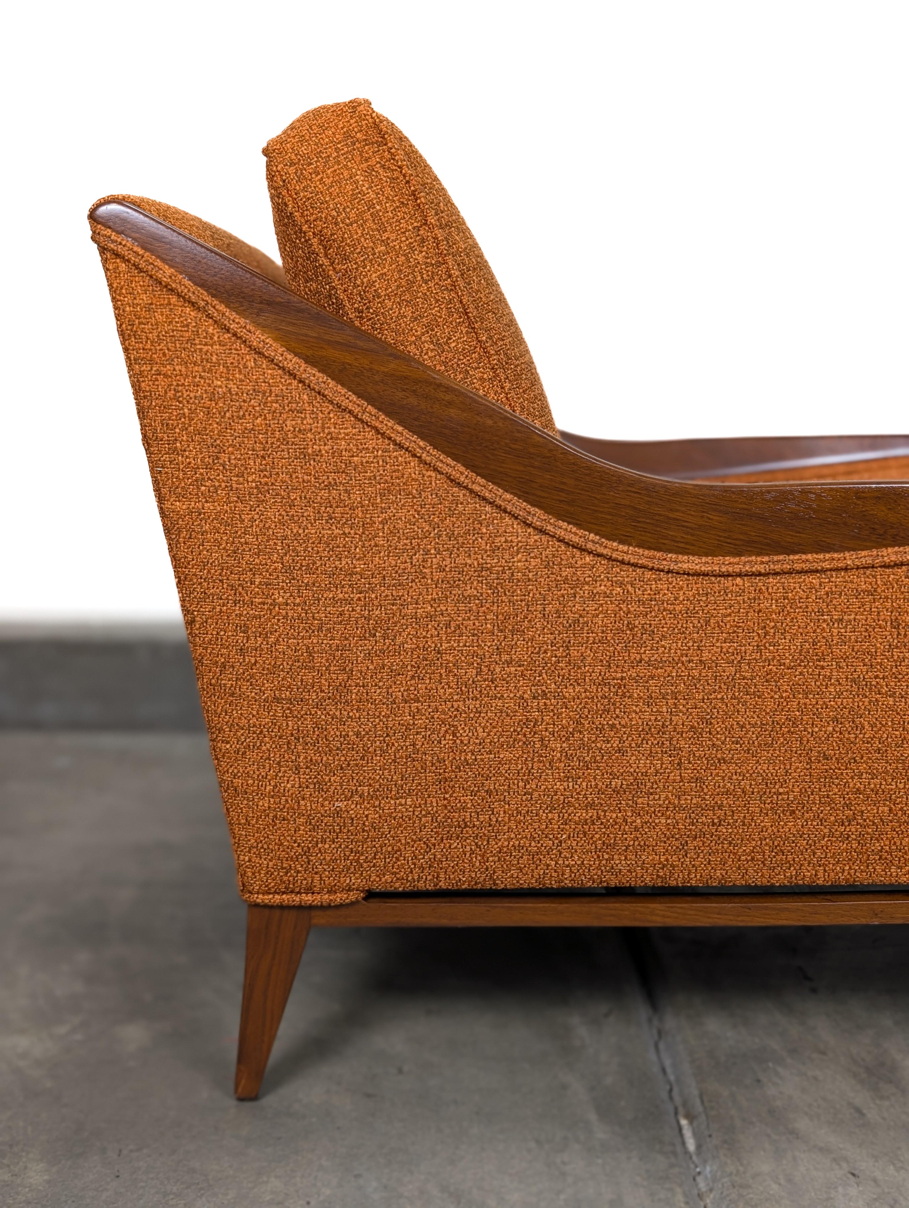 Refinished Mid Century Modern Orange Lounge Arm Chair With Walnut Trim, c1960s For Sale 3