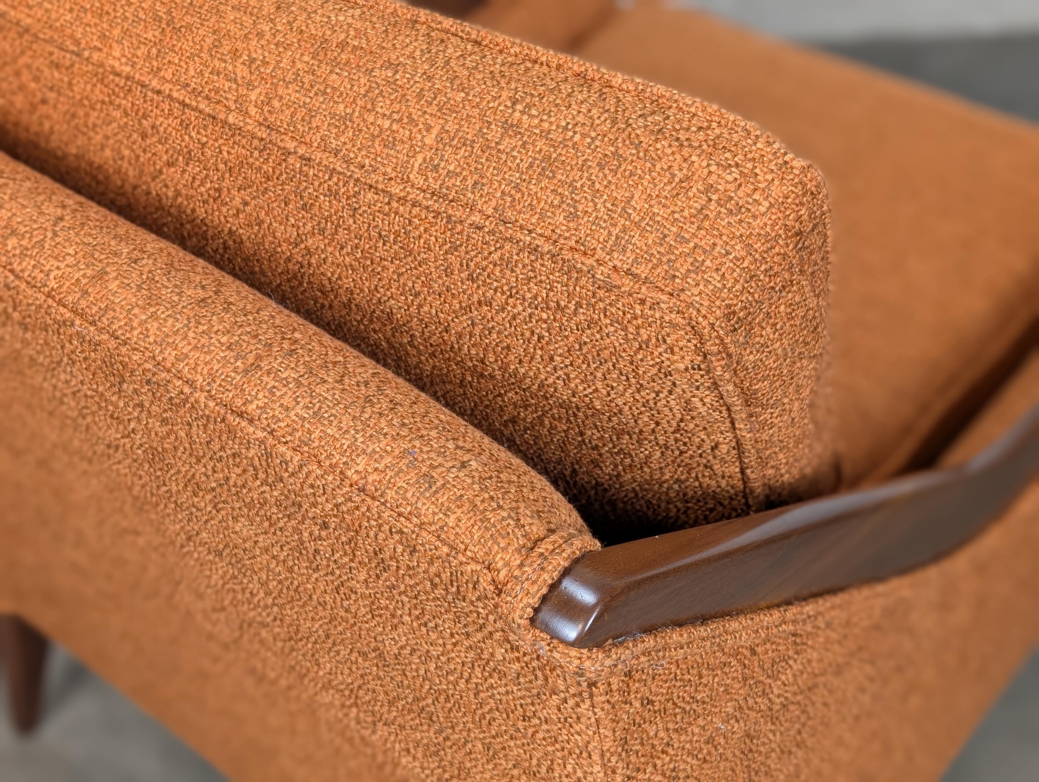 Refinished Mid Century Modern Orange Lounge Arm Chair With Walnut Trim, c1960s For Sale 6