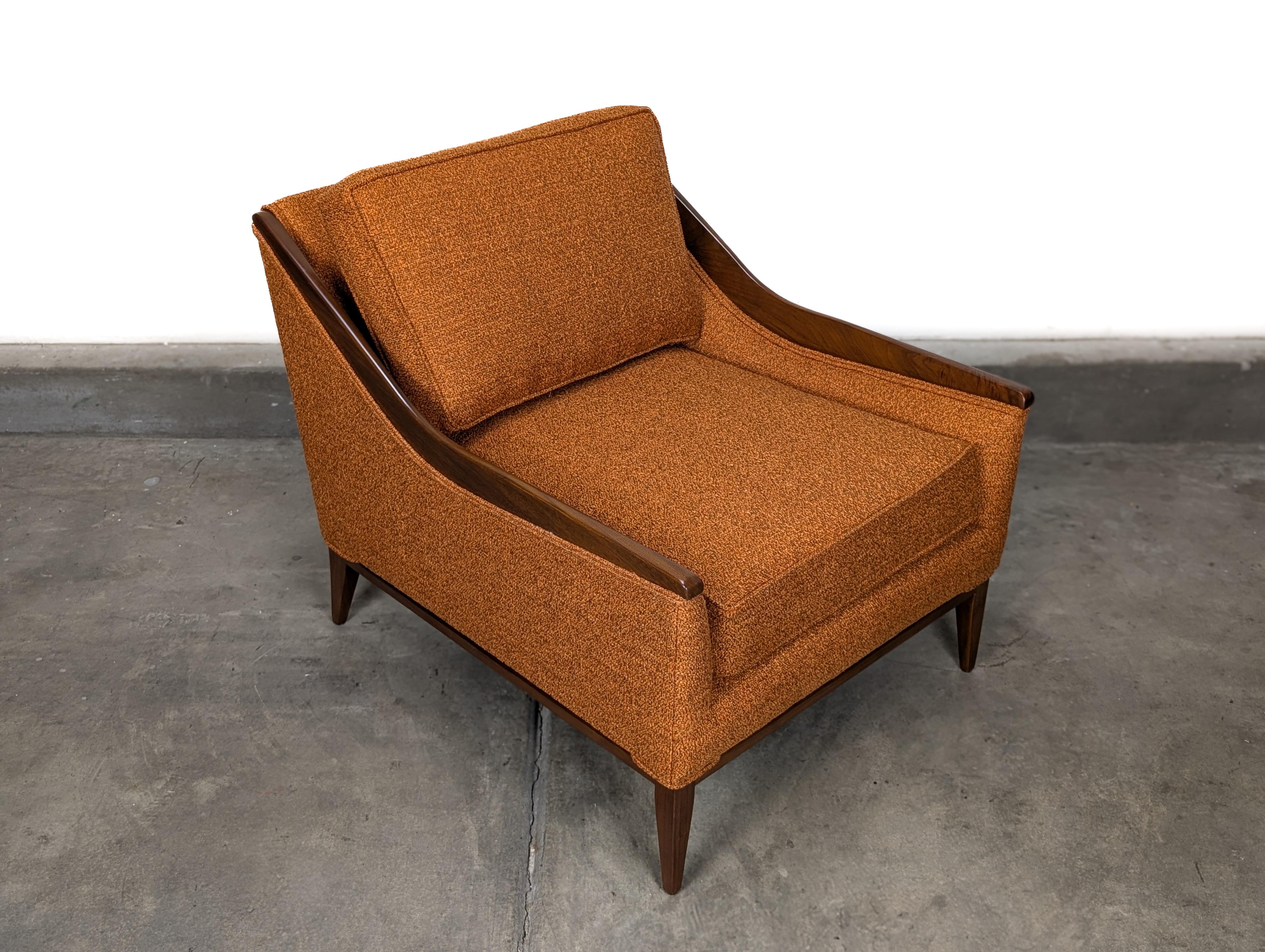 Refinished Mid Century Modern Orange Lounge Arm Chair With Walnut Trim, c1960s For Sale 7
