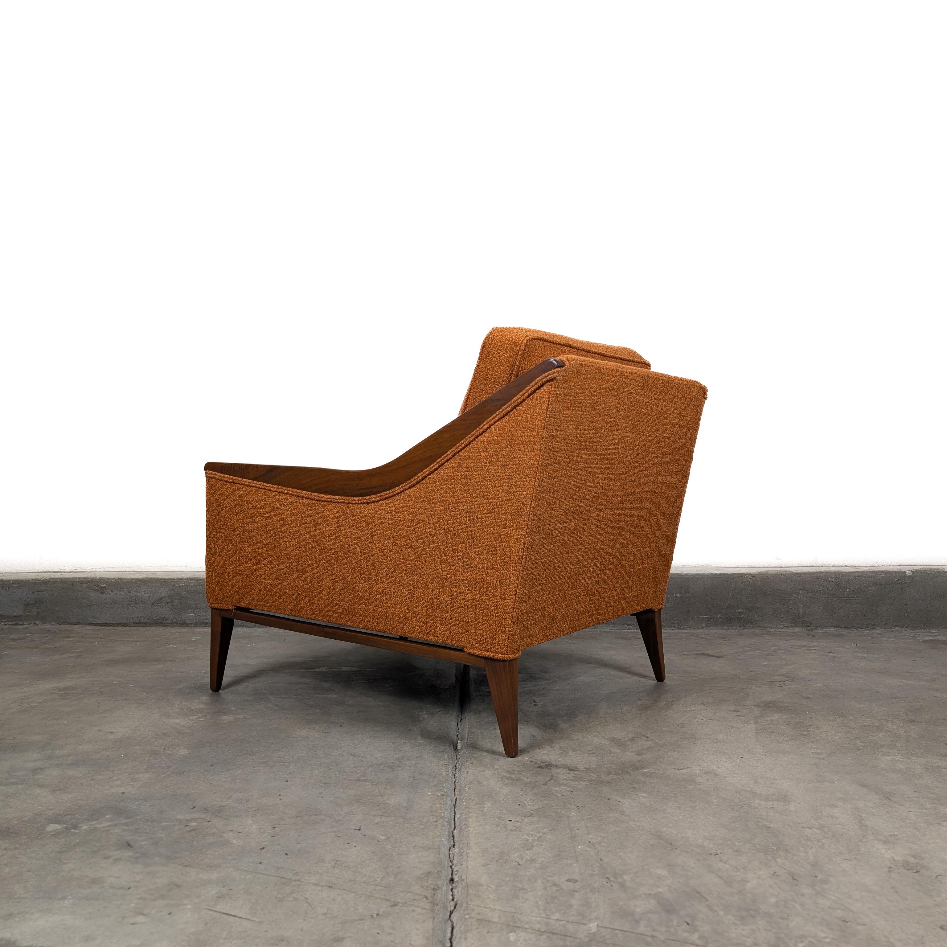 American Refinished Mid Century Modern Orange Lounge Arm Chair With Walnut Trim, c1960s For Sale