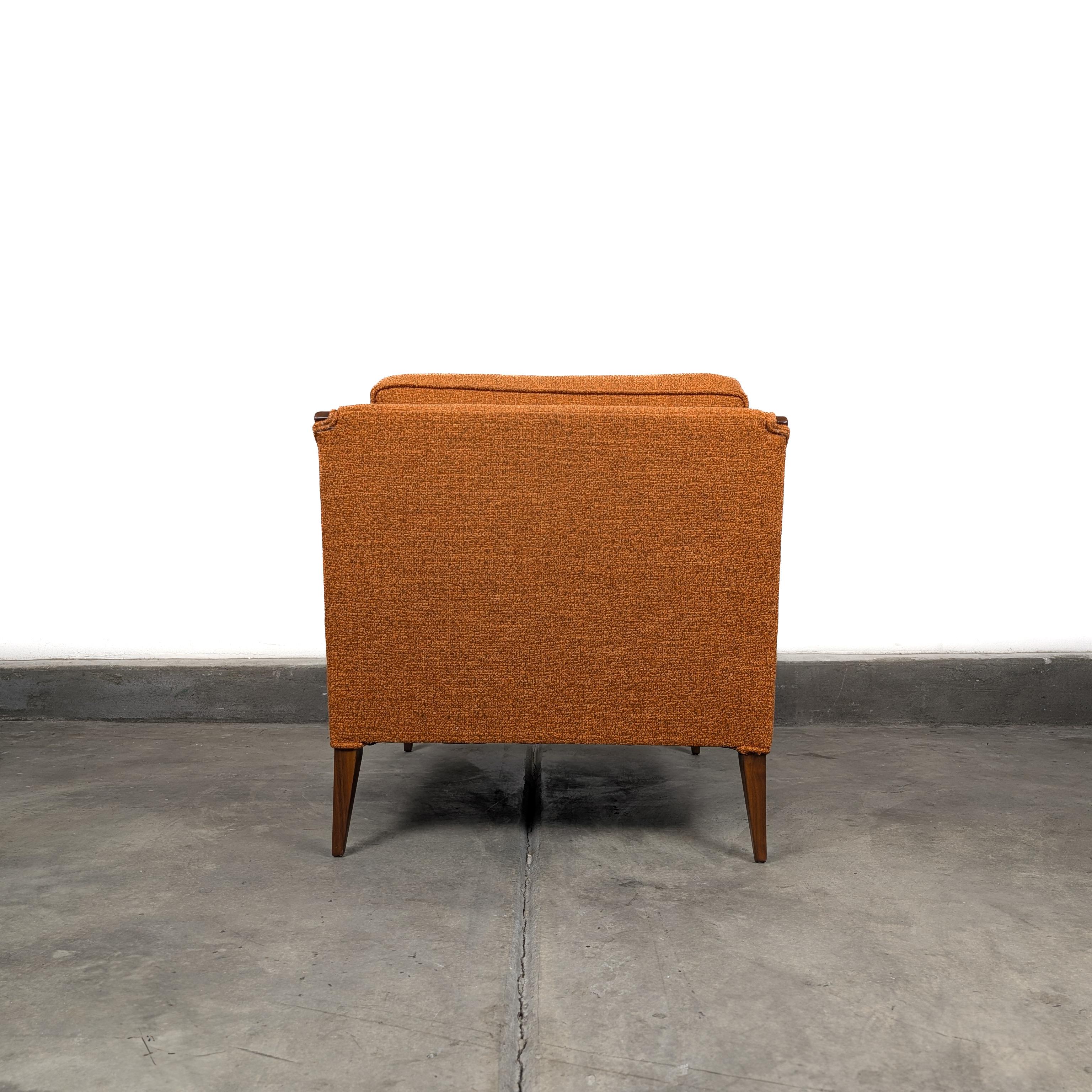Refinished Mid Century Modern Orange Lounge Arm Chair With Walnut Trim, c1960s In Excellent Condition For Sale In Chino Hills, CA
