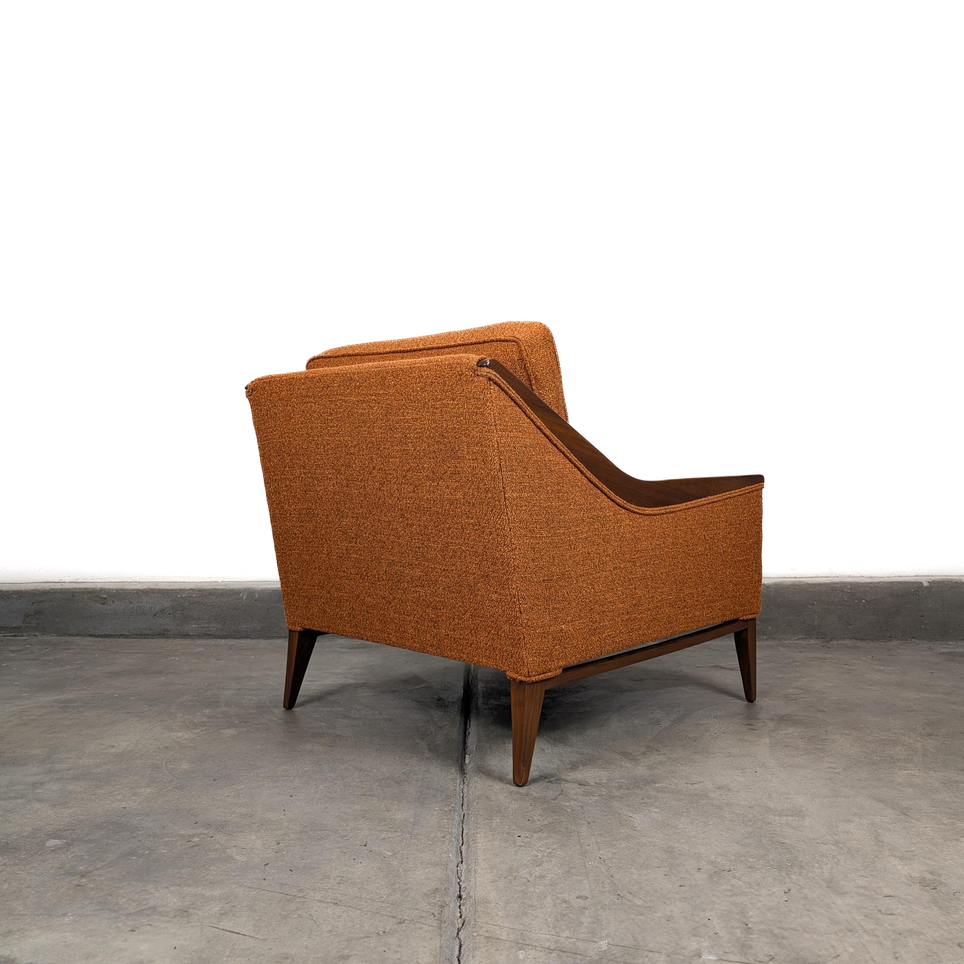 Mid-20th Century Refinished Mid Century Modern Orange Lounge Arm Chair With Walnut Trim, c1960s For Sale