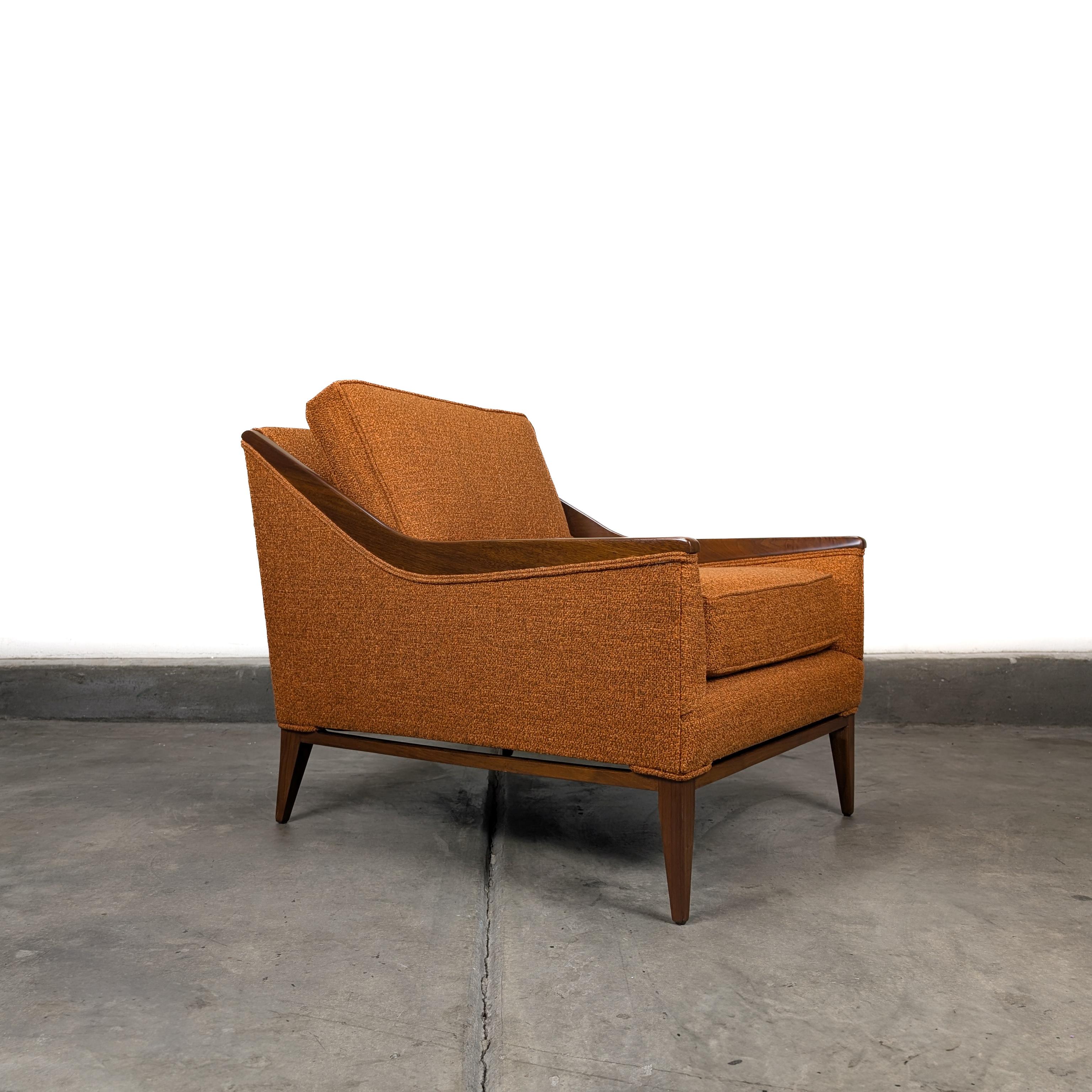 Fabric Refinished Mid Century Modern Orange Lounge Arm Chair With Walnut Trim, c1960s For Sale