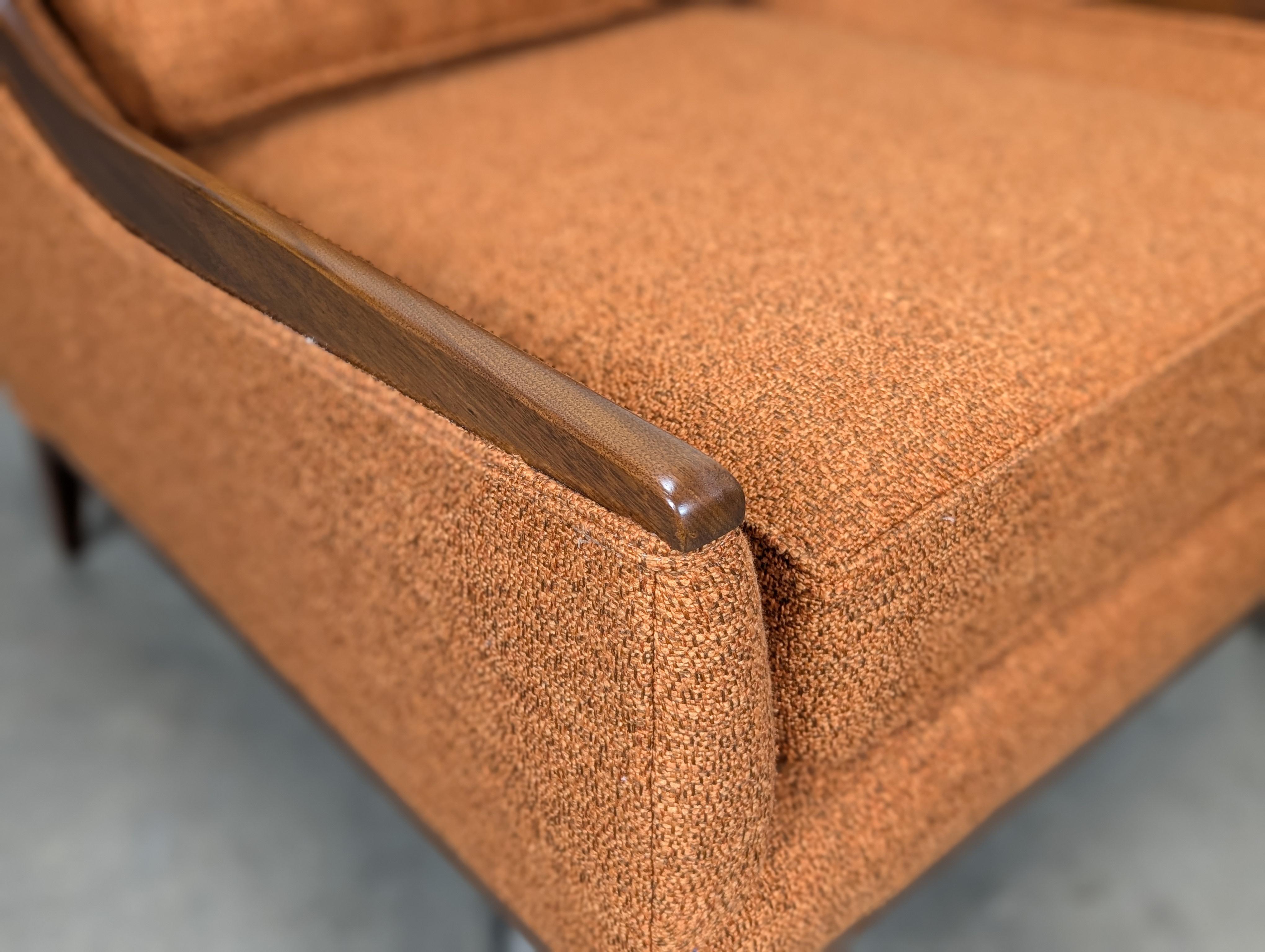 Refinished Mid Century Modern Orange Lounge Arm Chair With Walnut Trim, c1960s For Sale 2