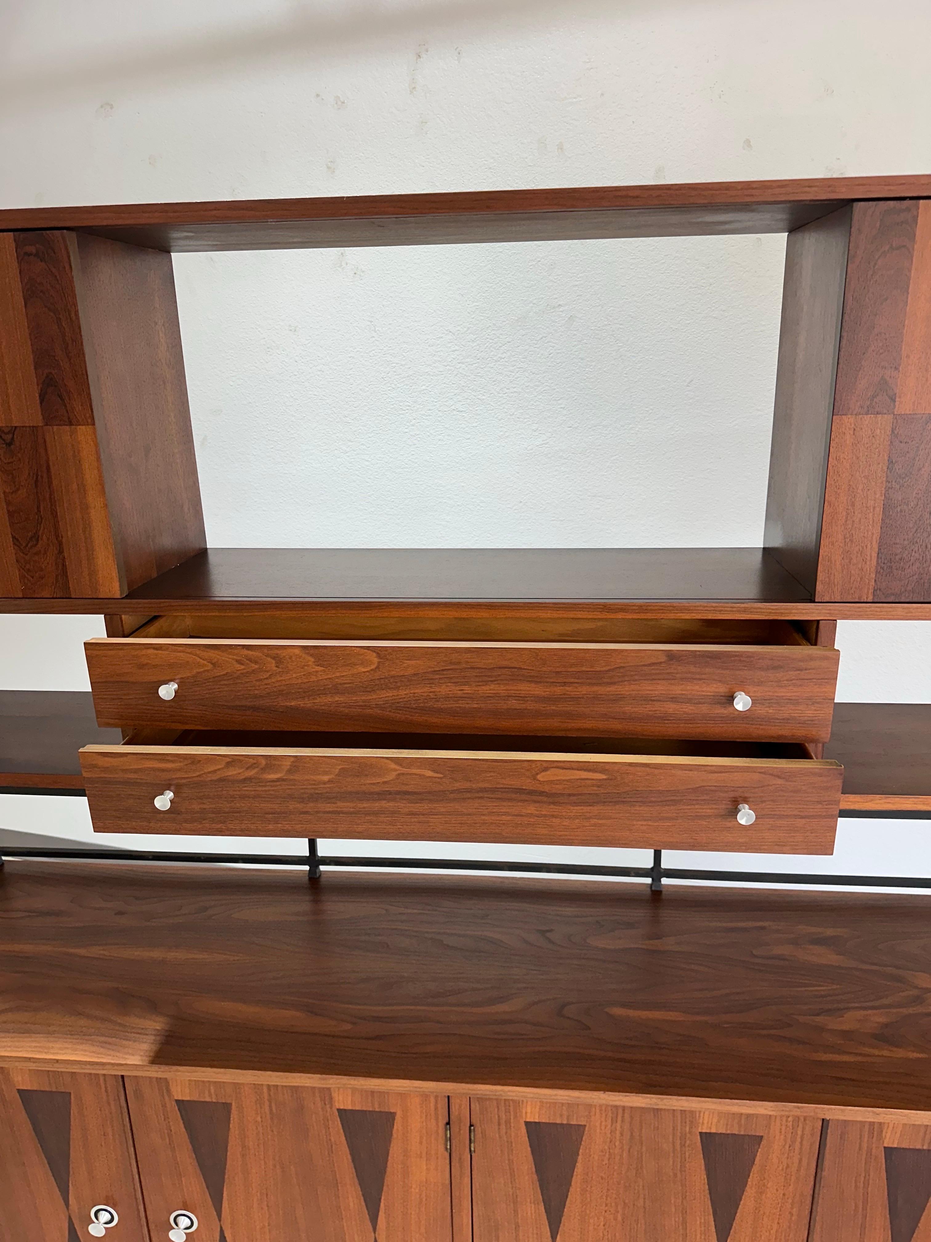 Refinished Mid Century Modern Stanley Walnut and Rosewood Wall Unit, 2 Piece 4