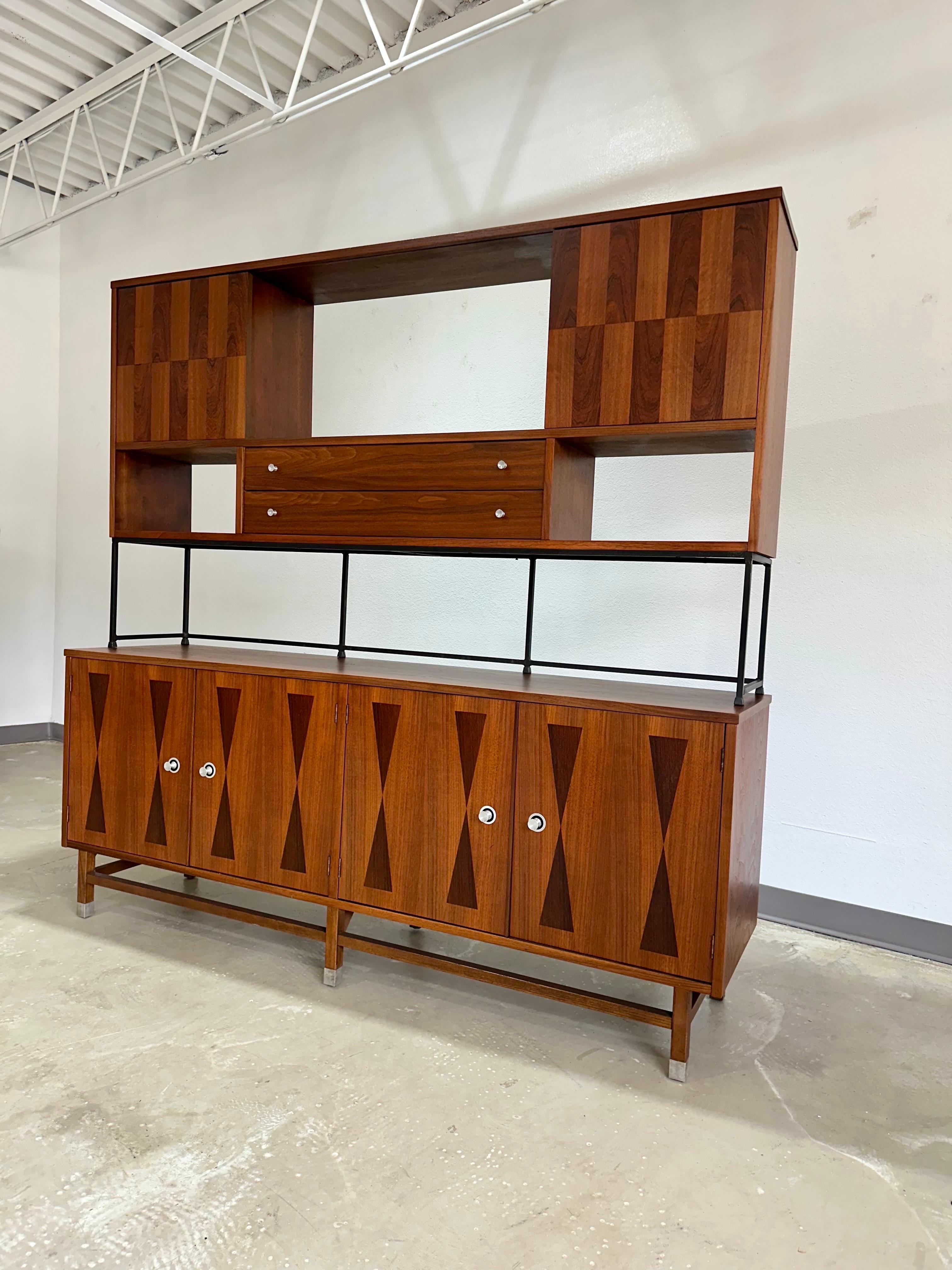 American Refinished Mid Century Modern Stanley Walnut and Rosewood Wall Unit, 2 Piece
