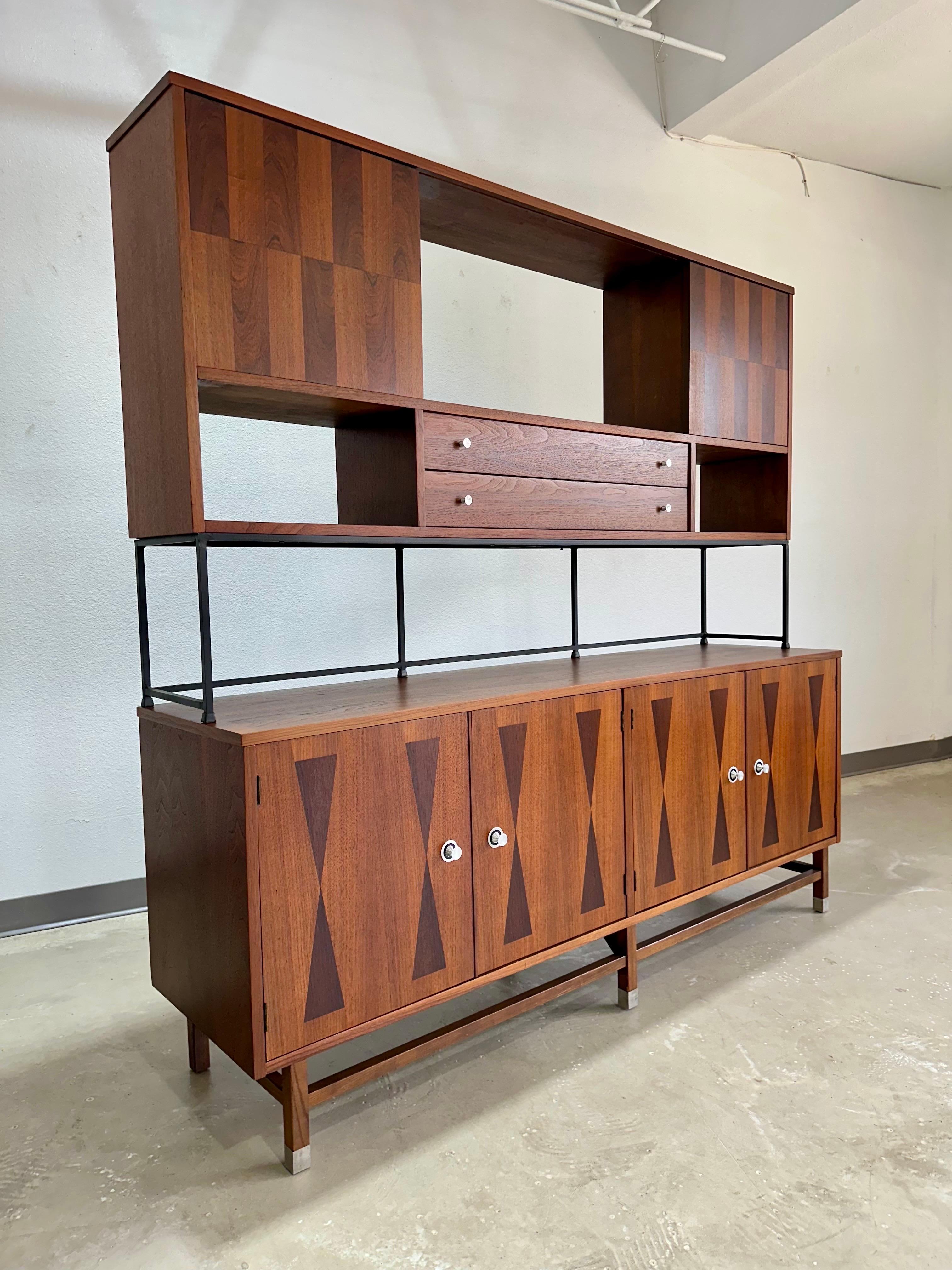 Refinished Mid Century Modern Stanley Walnut and Rosewood Wall Unit, 2 Piece In Good Condition In Lutz, FL