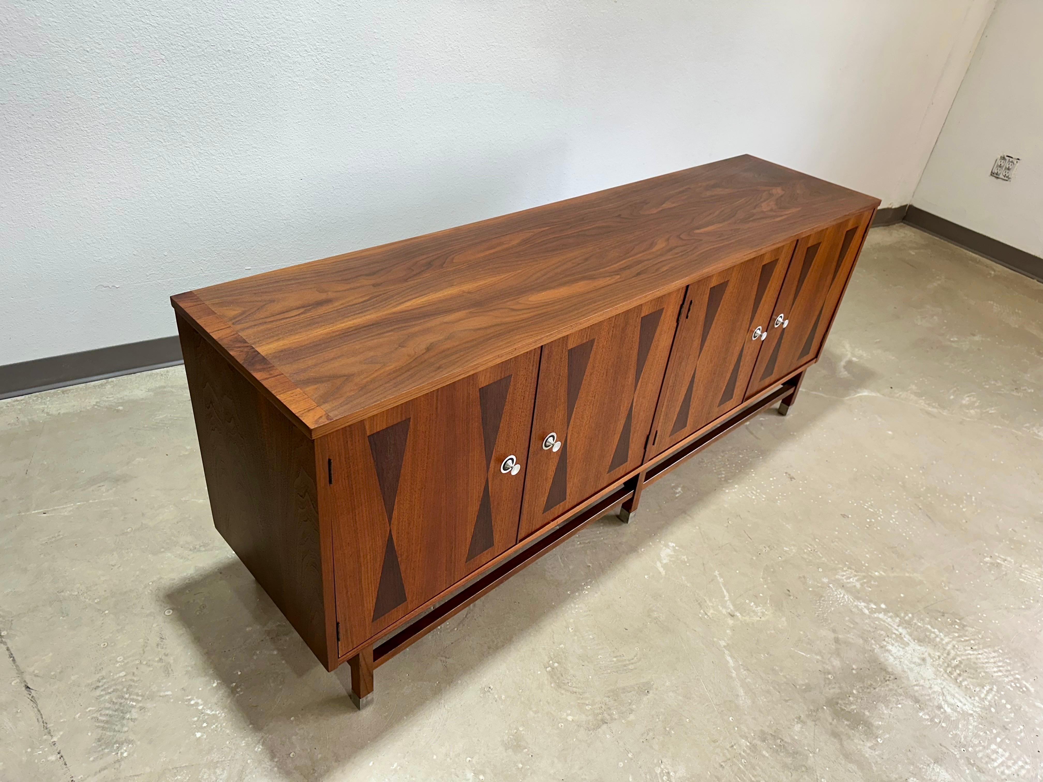 20th Century Refinished Mid Century Modern Stanley Walnut and Rosewood Wall Unit, 2 Piece