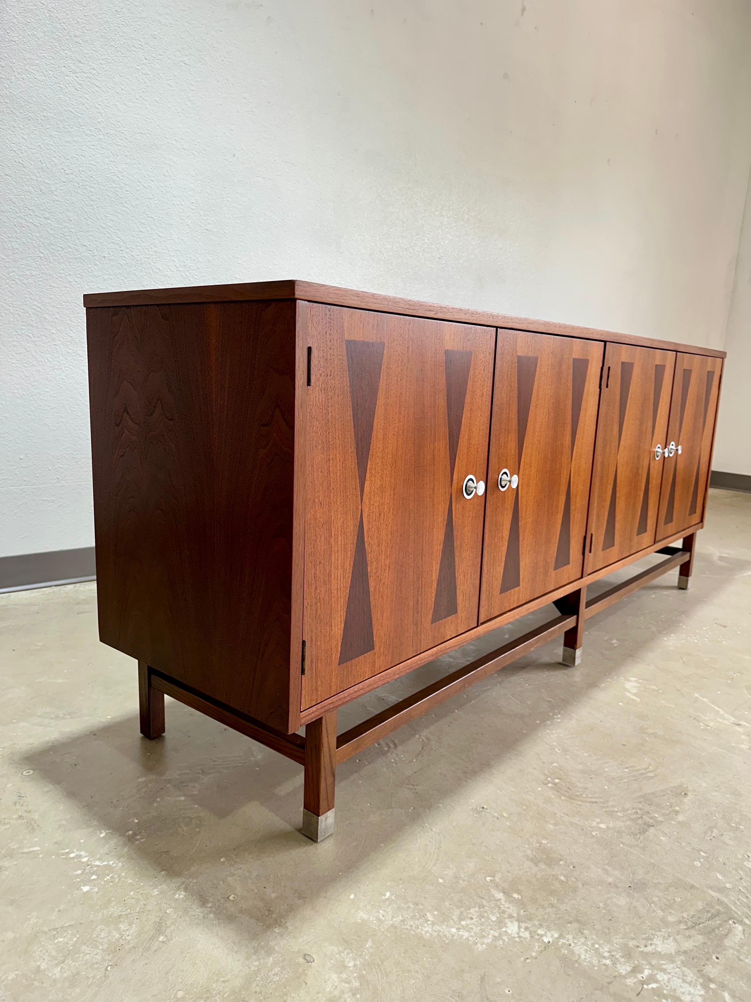 Iron Refinished Mid Century Modern Stanley Walnut and Rosewood Wall Unit, 2 Piece