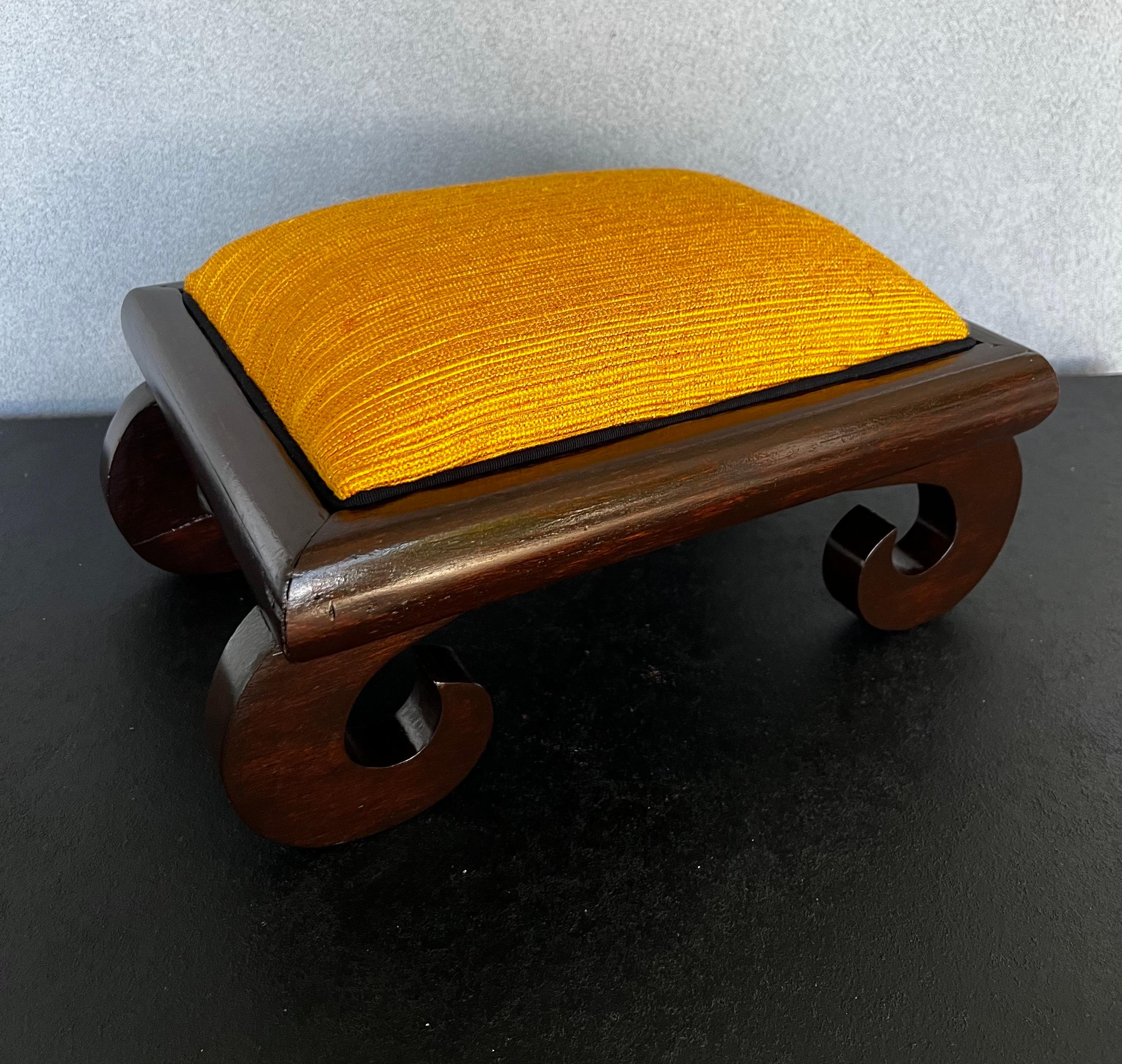 Fabric Refinished Mid-Century Yellow Asian Footstool  For Sale