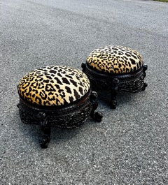 Refinished Pair Late 19th Century Anglo-Indian Hand-Carved Cheetah Stools