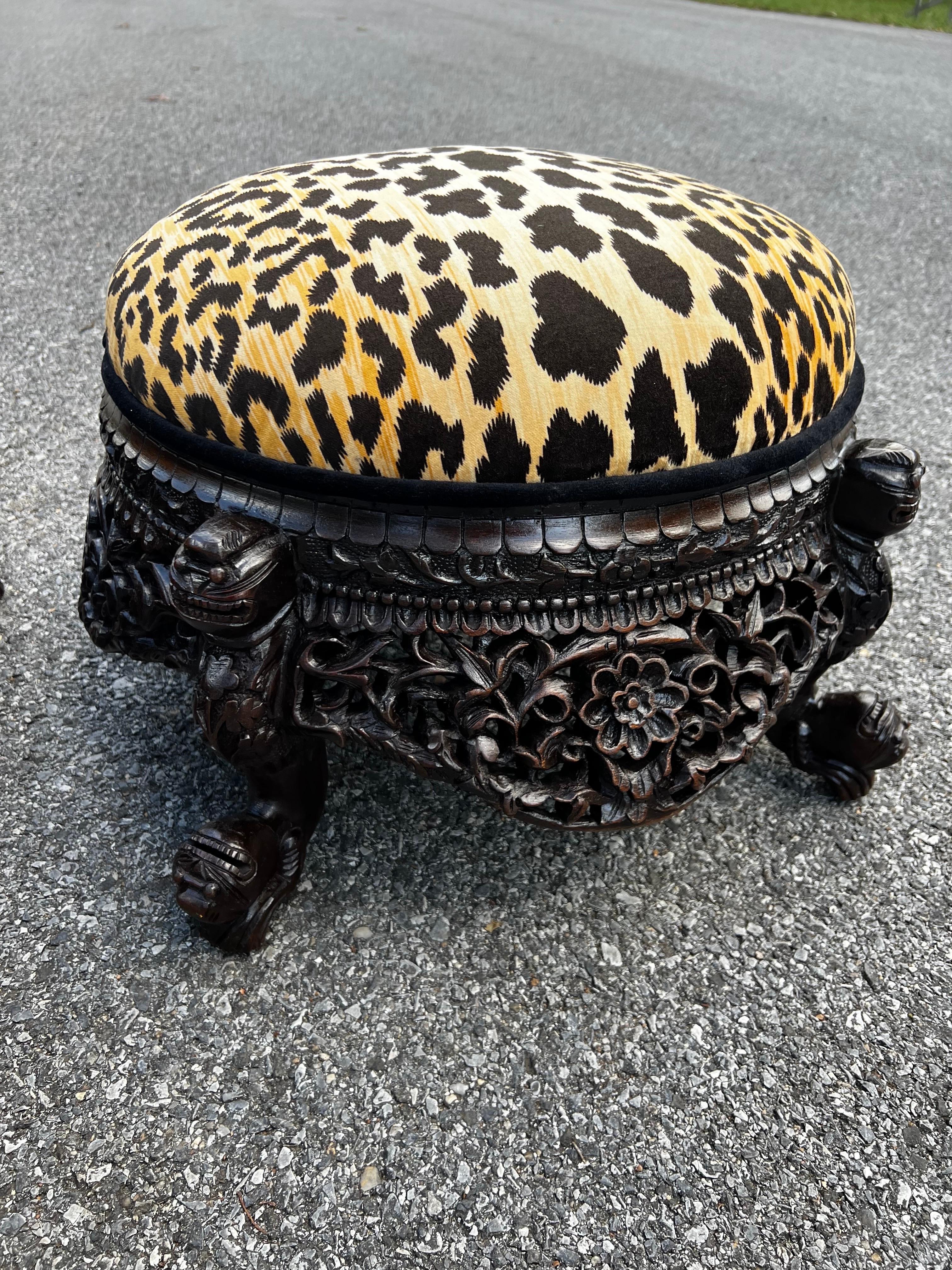 Fabric Refinished Pair Late 19th Century Anglo-Indian Hand-Carved Cheetah Stools  For Sale